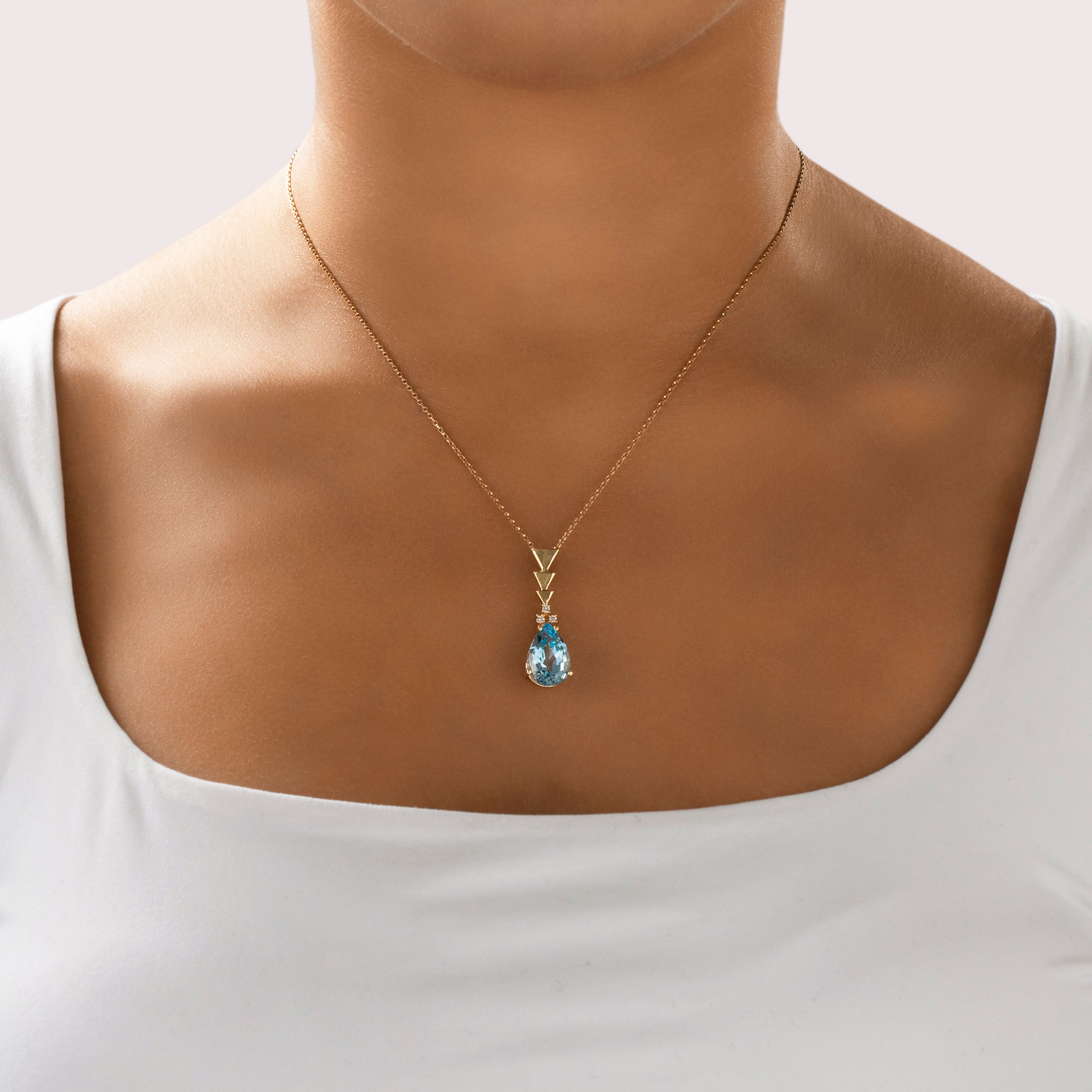 Vintage 14K Yellow Gold Blue Topaz Diamond Large Triangular Geometric Pendant - On model view