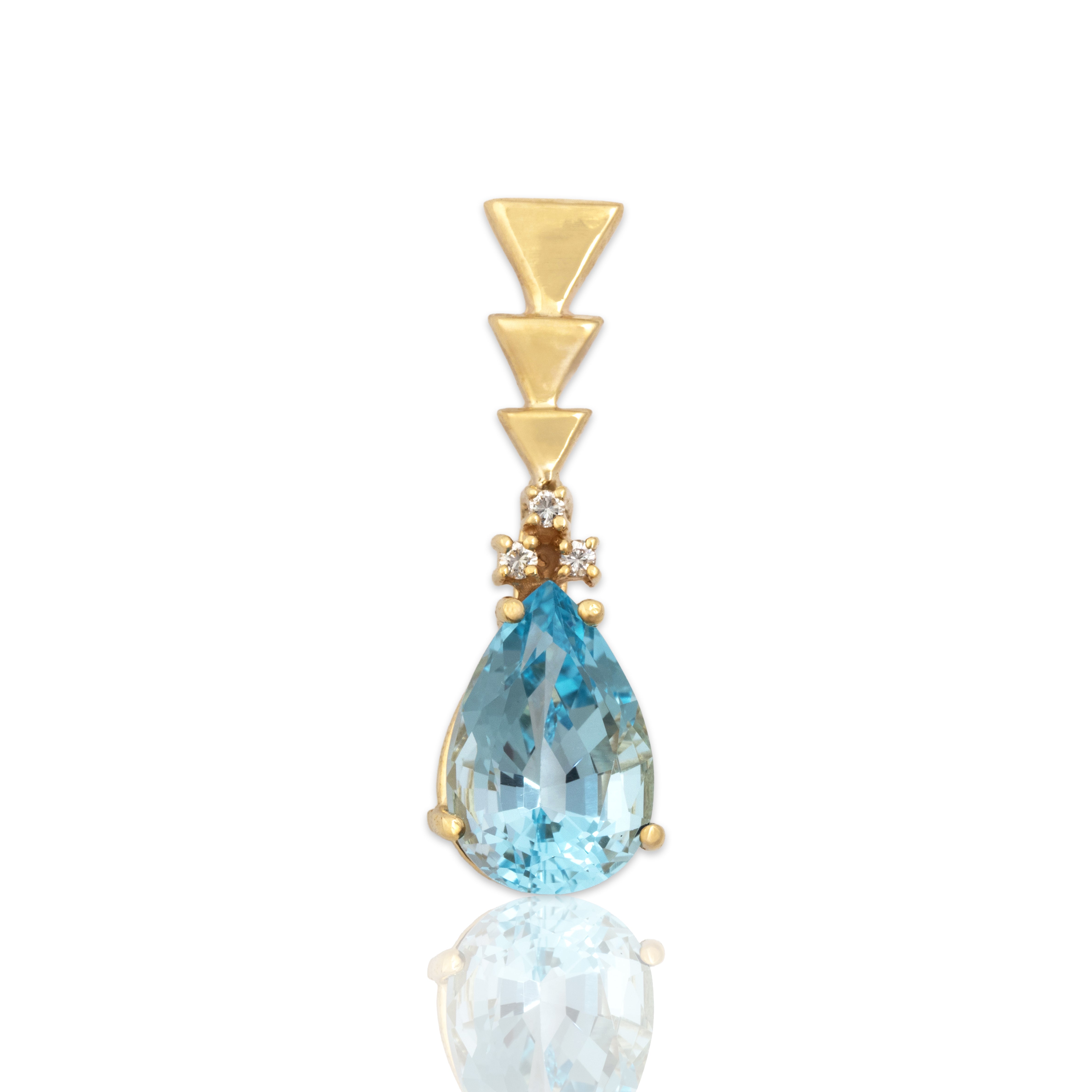 Vintage 14K Yellow Gold Blue Topaz Diamond Large Triangular Geometric Pendant - Close-up view