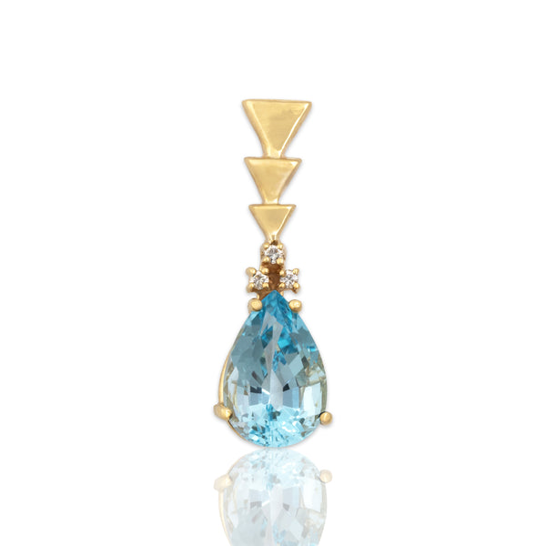 Vintage Large 14k Yellow Gold 7.16ct Blue Topaz Diamond Triangular Drop Pendant