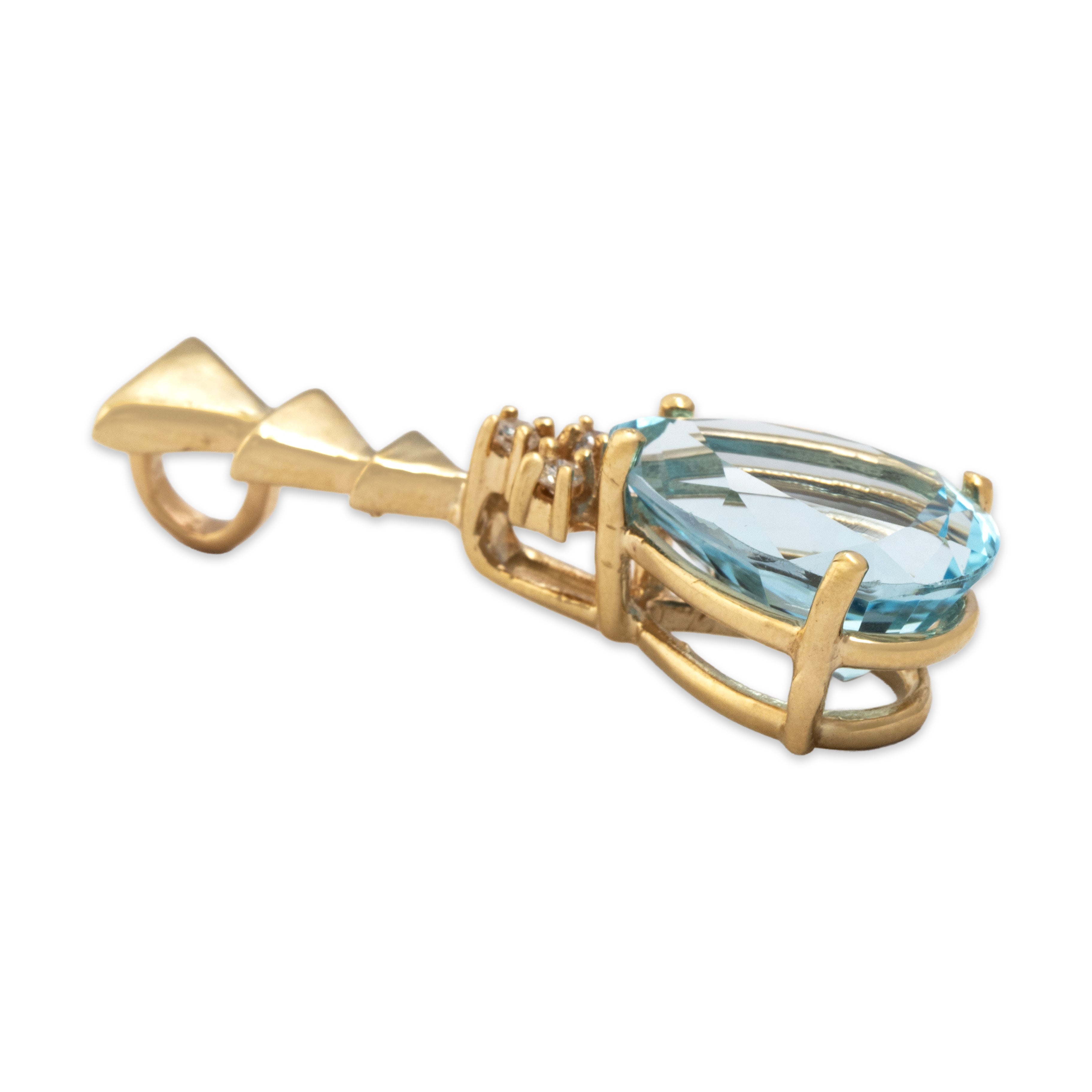 Vintage 14K Yellow Gold Blue Topaz Diamond Large Triangular Geometric Pendant - Side view
