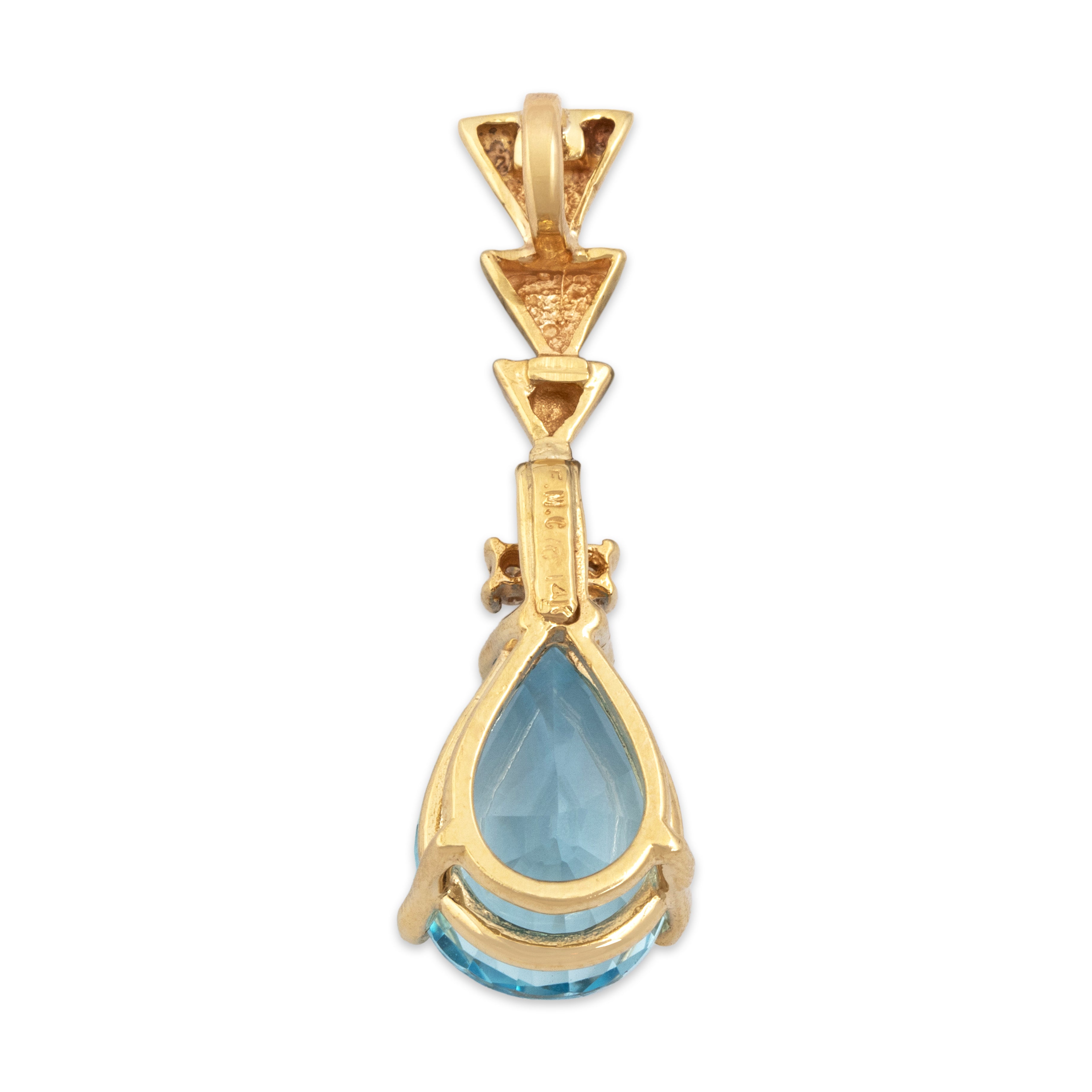 Vintage 14K Yellow Gold Blue Topaz Diamond Large Triangular Geometric Pendant - Back view