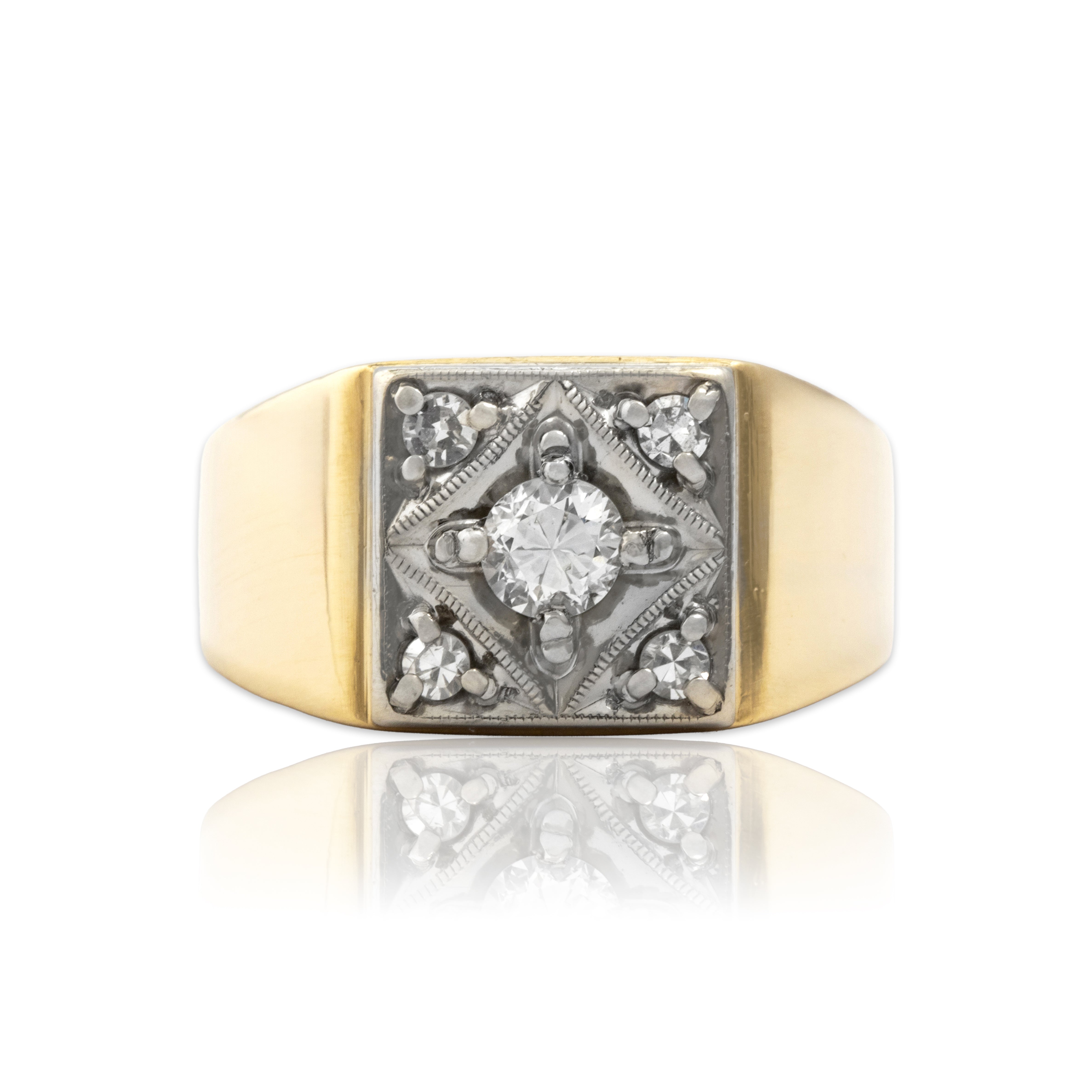 Vintage 14k Yellow & White Gold Diamond Square Starburst Signet Style Ring - Close-up view