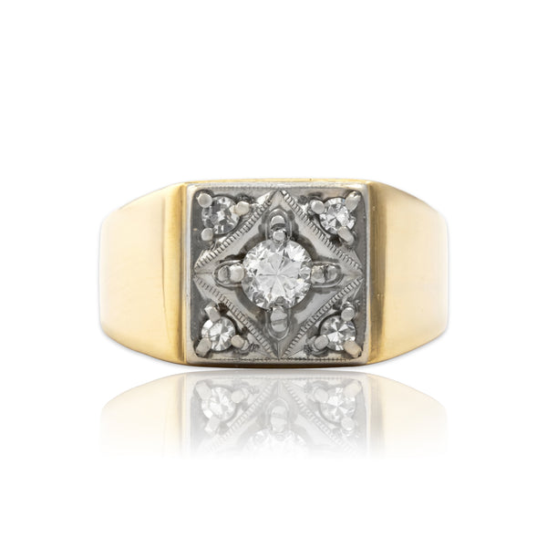 Vintage 14k Yellow & White Gold Diamond Square Starburst Signet Style Ring 8.00