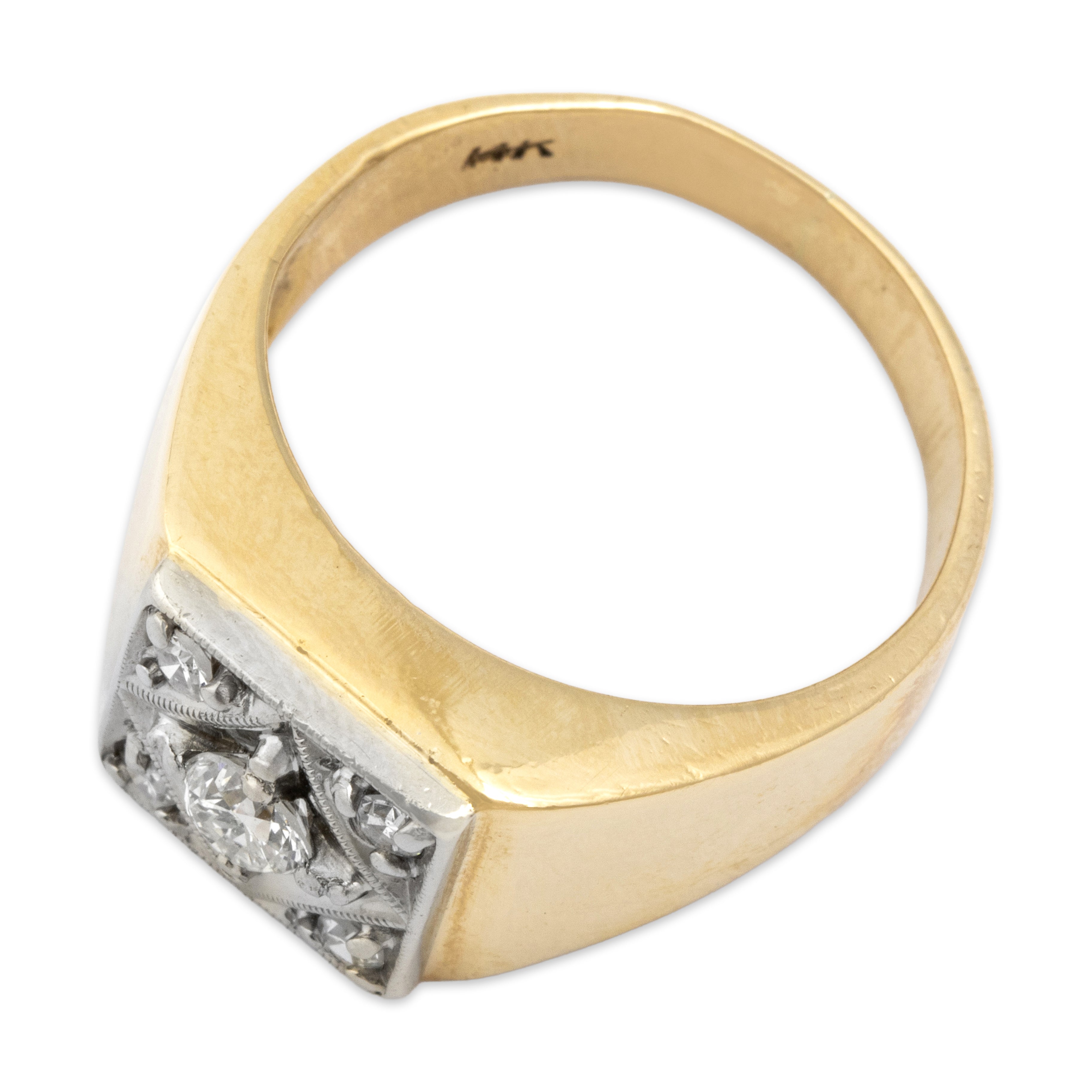 Vintage 14k Yellow & White Gold Diamond Square Starburst Signet Style Ring - Overall view