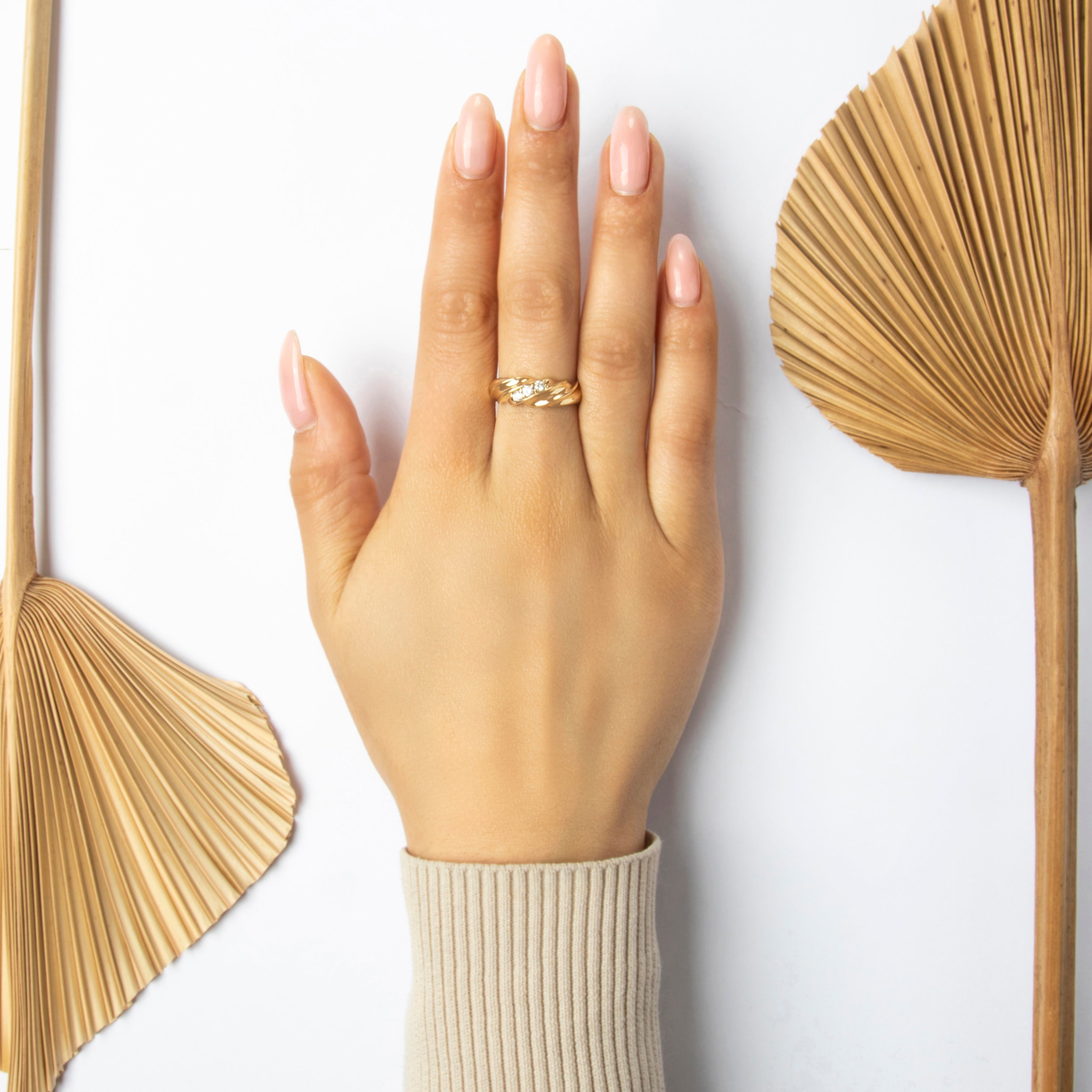Vintage 14K Yellow Gold Diamond Wave Ridge Ring - On model view