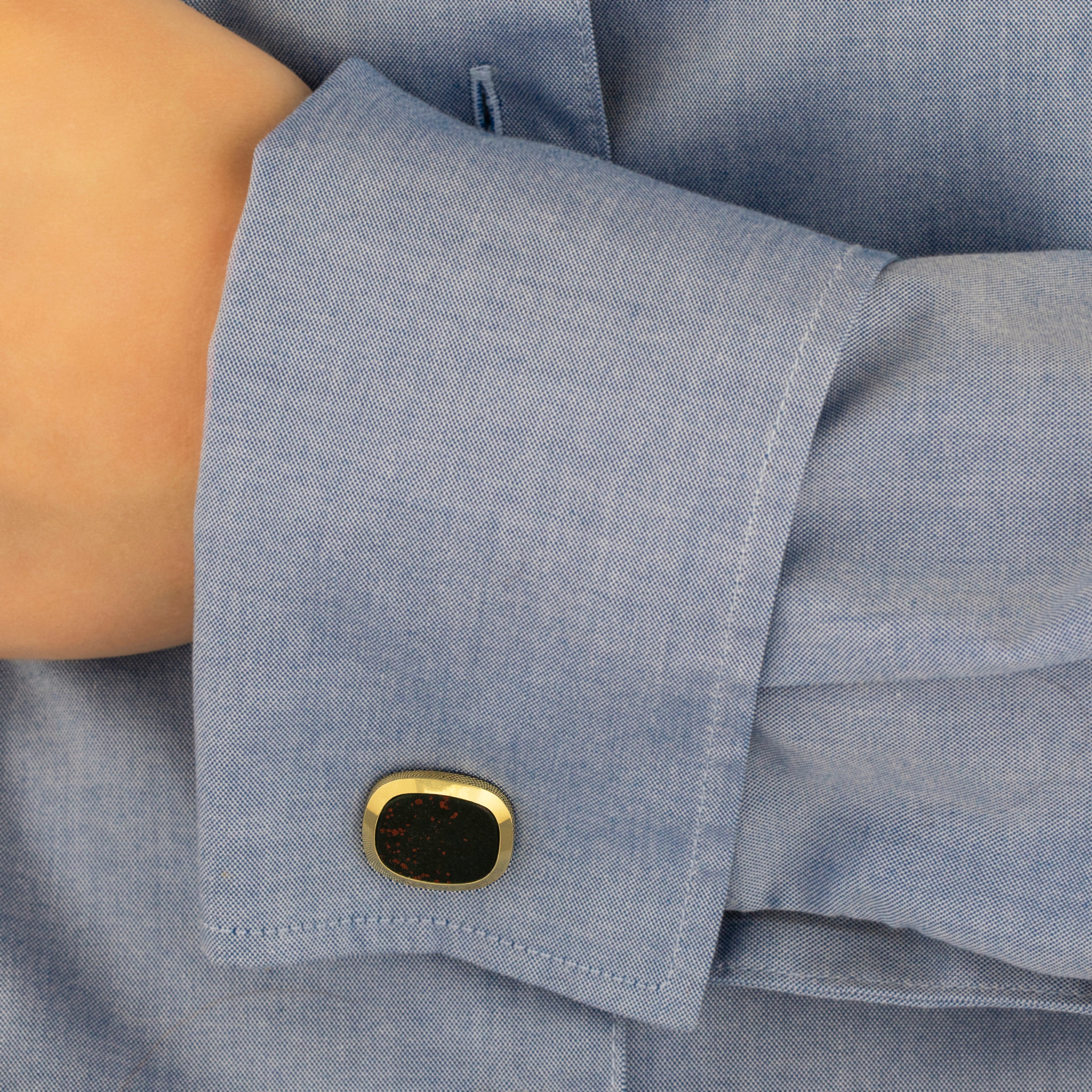 Vintage 14k Yellow Gold Bloodstone Bold Bezel Set Cufflinks - On model view