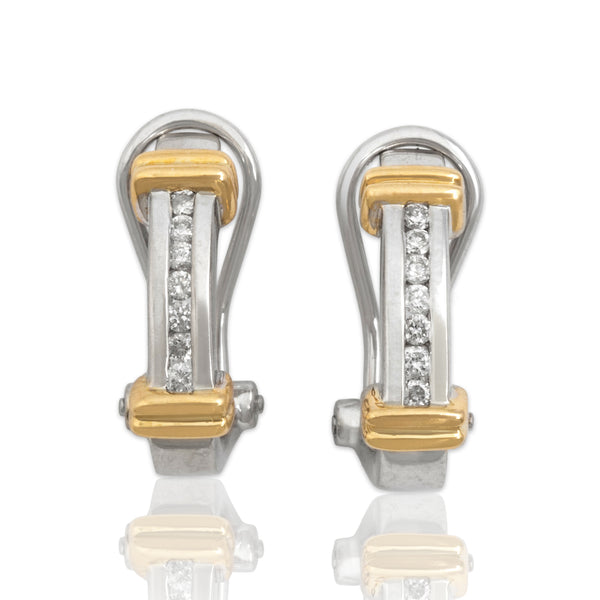 Vintage 14k White & Yellow Gold Diamond Sparkling Channel-Set Hoop Earrings