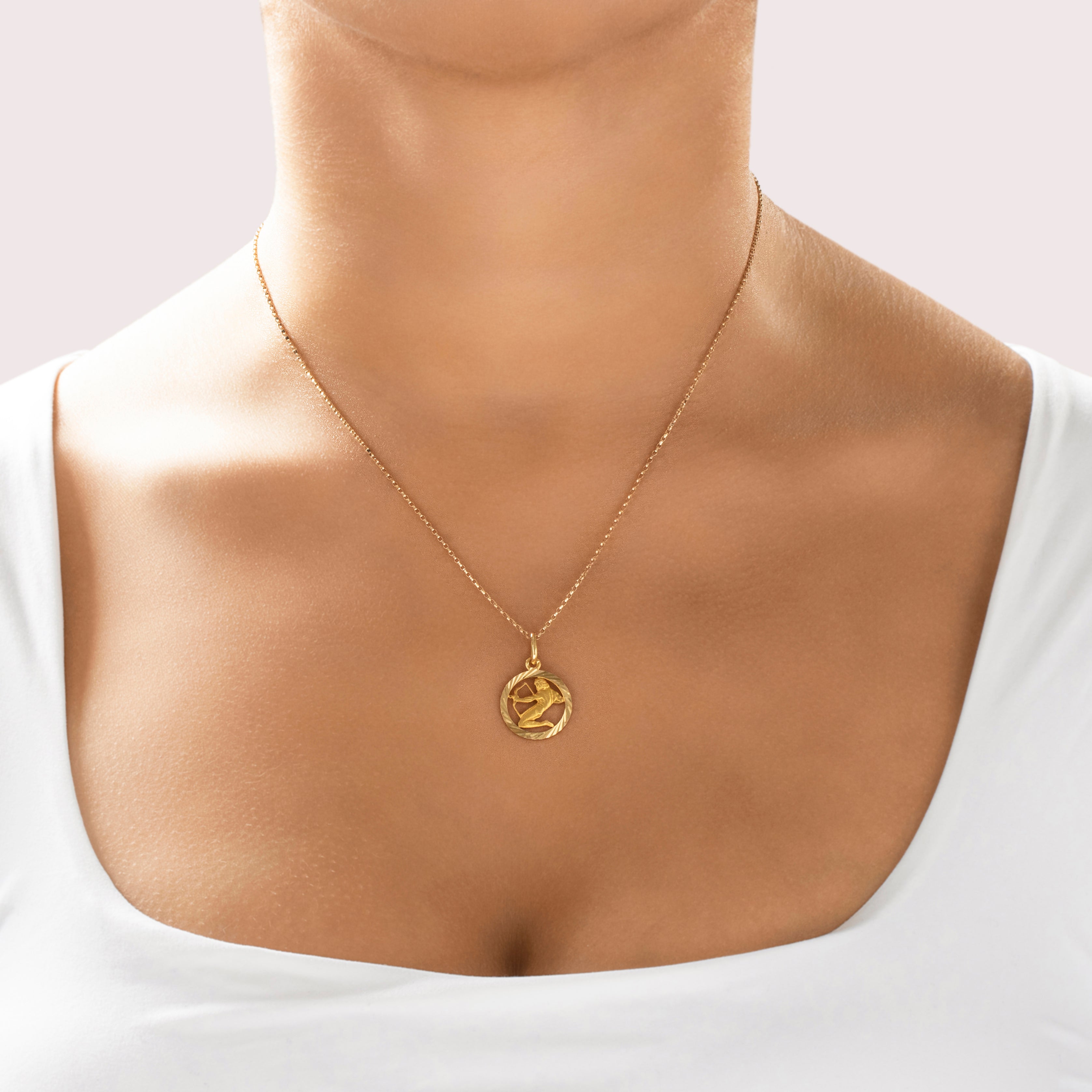 Vintage Italian 18k Yellow Gold Engine-Turned Figural Apollo Charm / Pendant - On model view