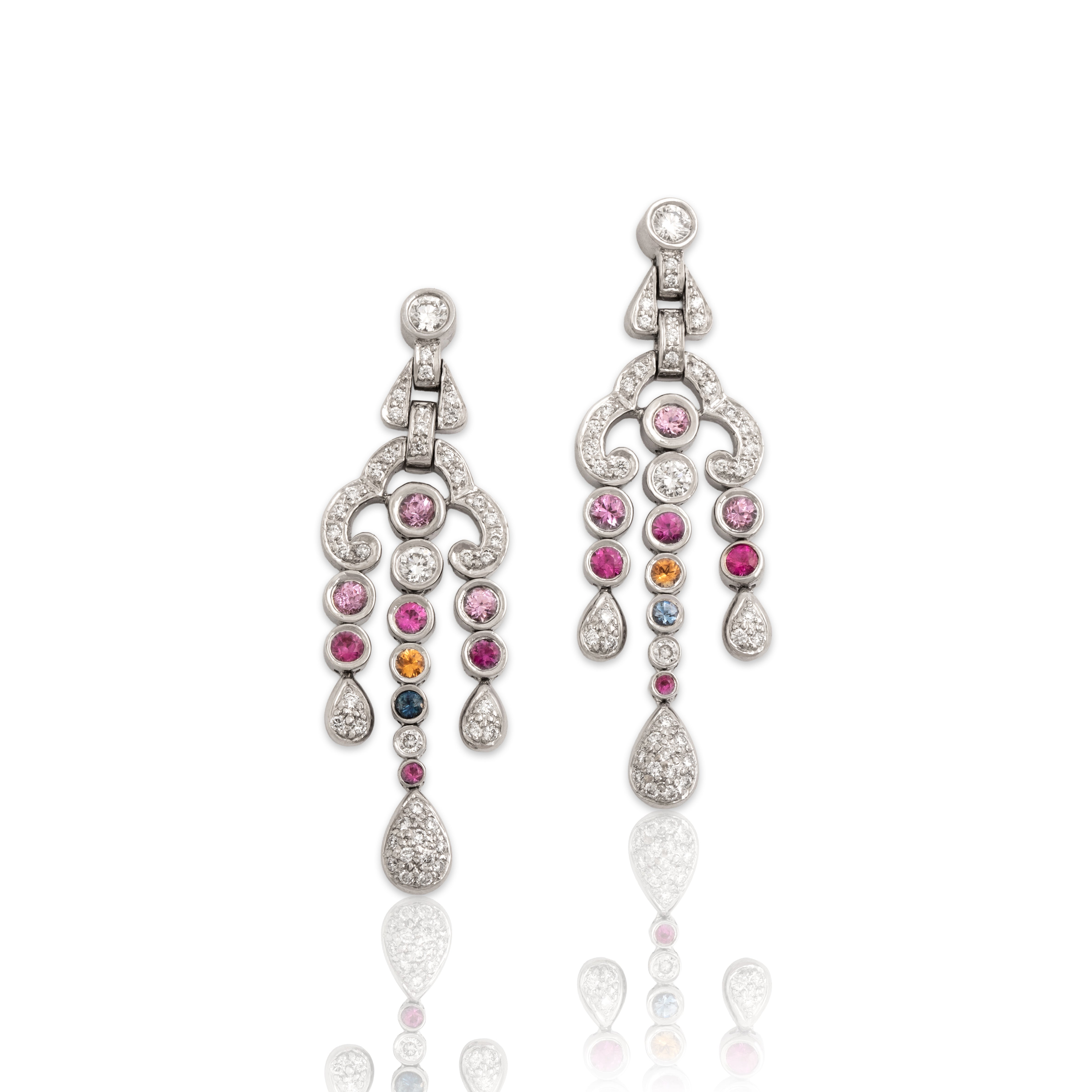 Vintage 18k White Gold .67cttw Diamond .55cttw Pink Blue Orange Sapphire Ruby Spectacular Lavalier Dangle Earrings - Close-up view