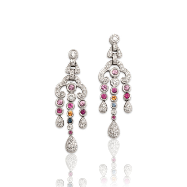 Vintage 18k White Gold .67cttw Diamond .55cttw Sapphire Ruby Dangle Earrings