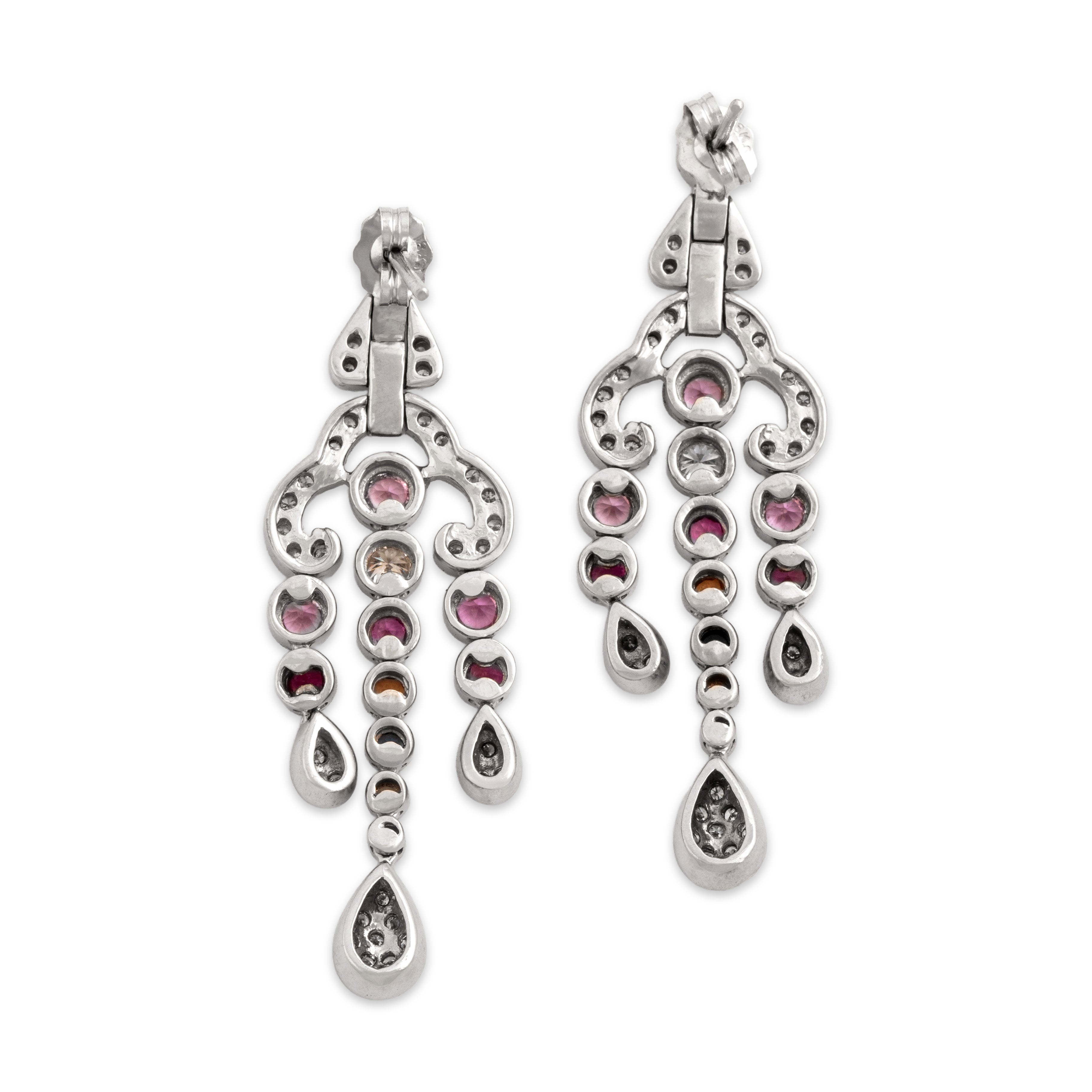 Vintage 18k White Gold .67cttw Diamond .55cttw Pink Blue Orange Sapphire Ruby Spectacular Lavalier Dangle Earrings - Back view