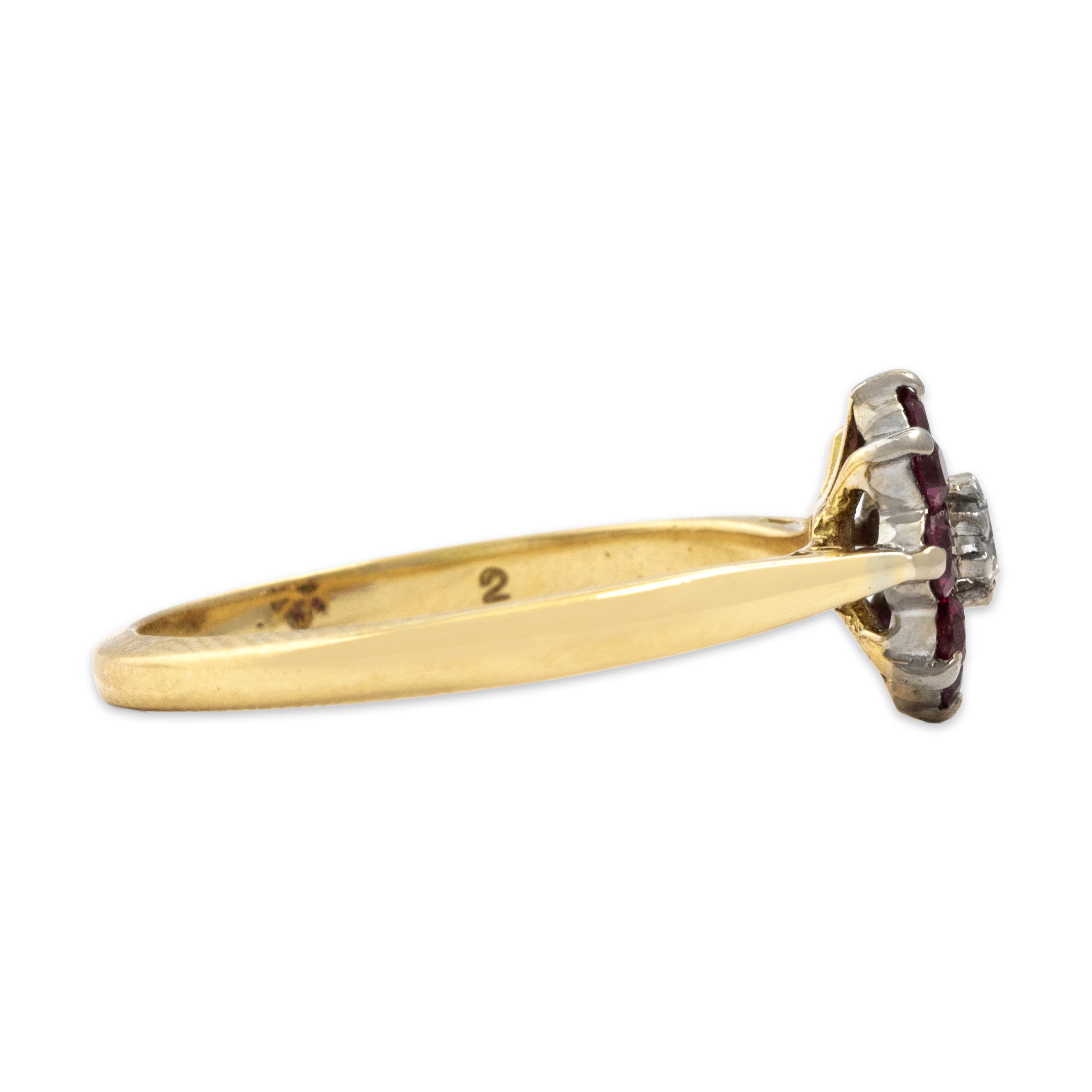 Vintage 18k Yellow Gold Ruby Diamond Bright Flower Ring - Side view