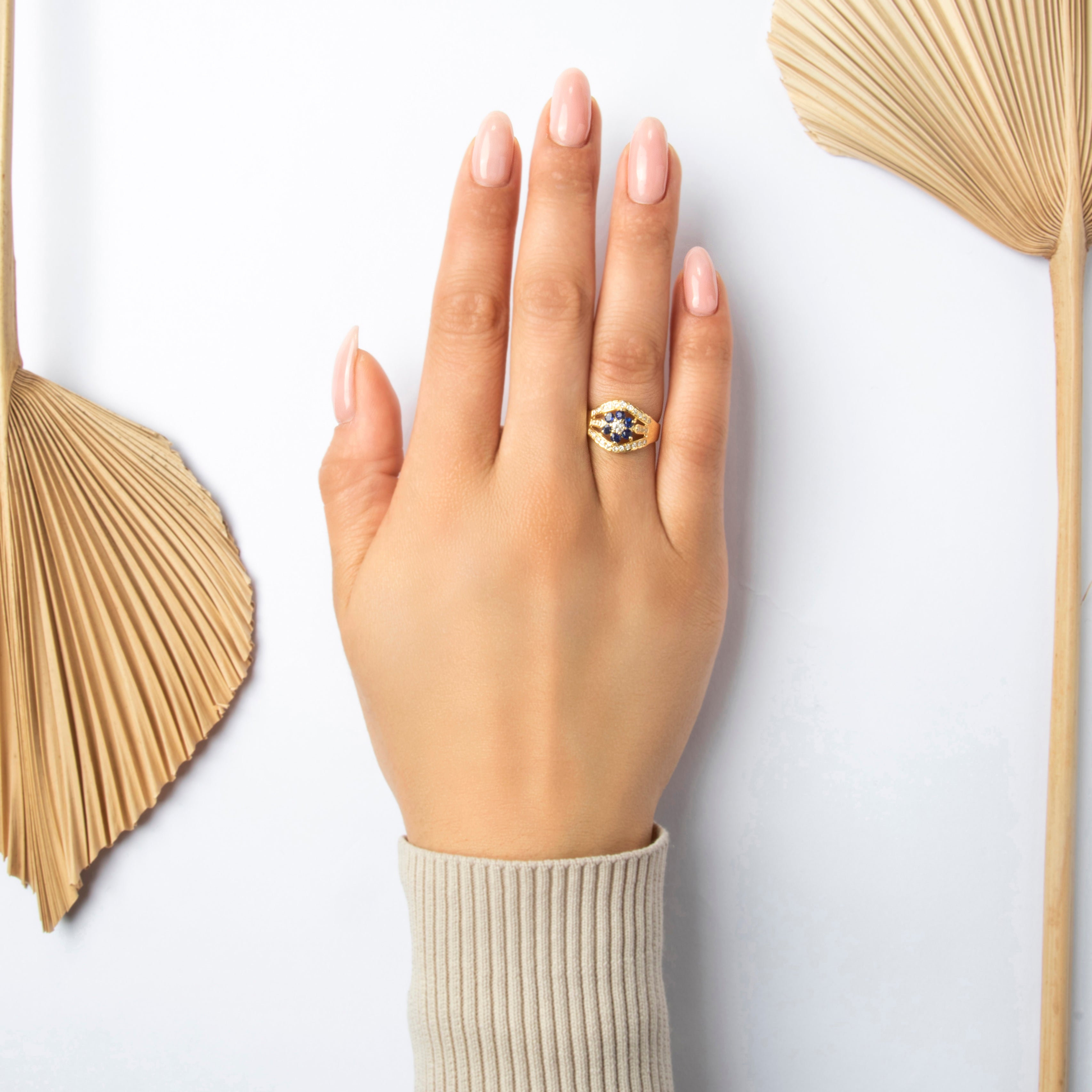 Vintage Wide 18k Yellow Gold Blue Sapphire Diamond Open Shoulder Flower Ring - On model view