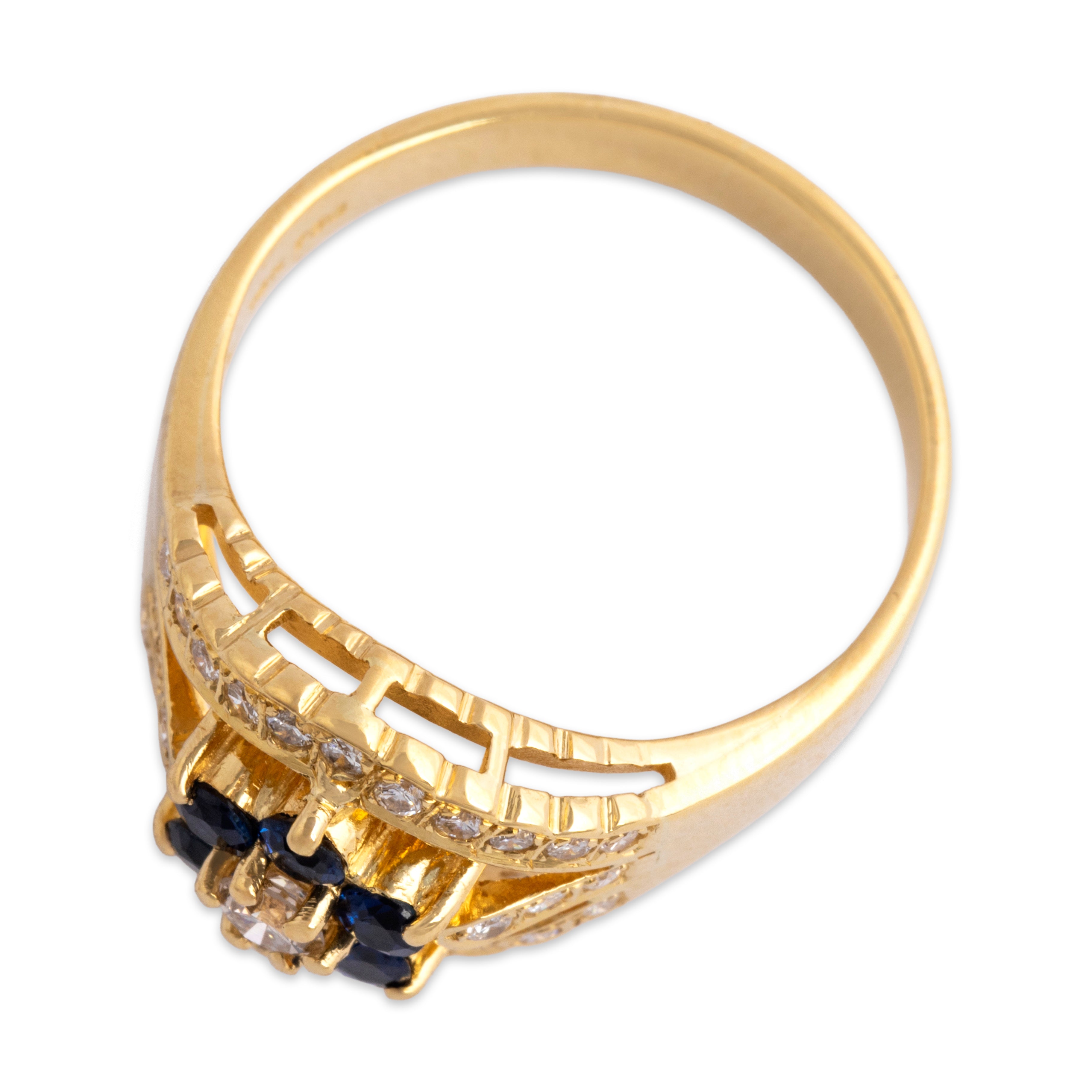 Vintage Wide 18k Yellow Gold Blue Sapphire Diamond Open Shoulder Flower Ring - Overall view