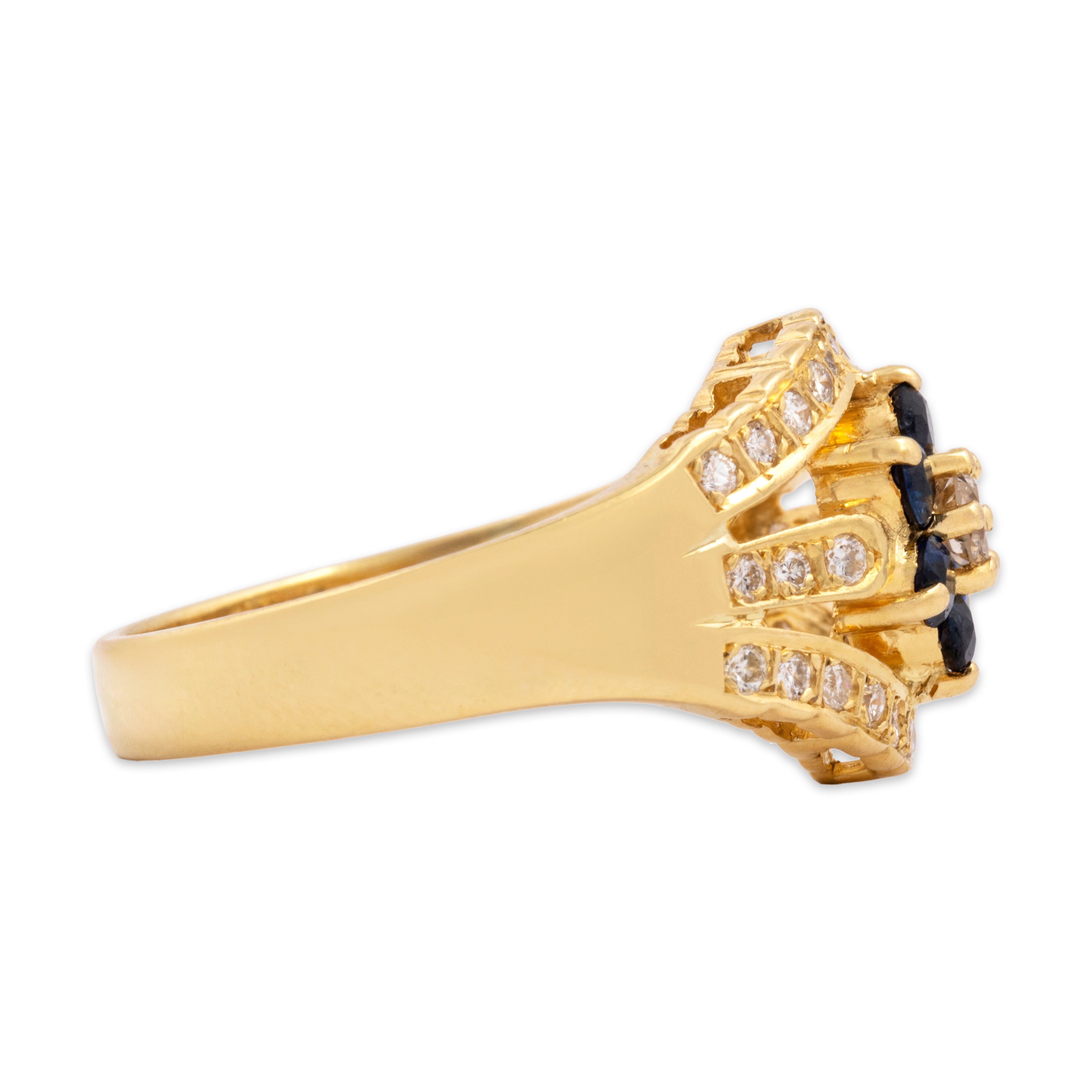 Vintage Wide 18k Yellow Gold Blue Sapphire Diamond Open Shoulder Flower Ring - Side view