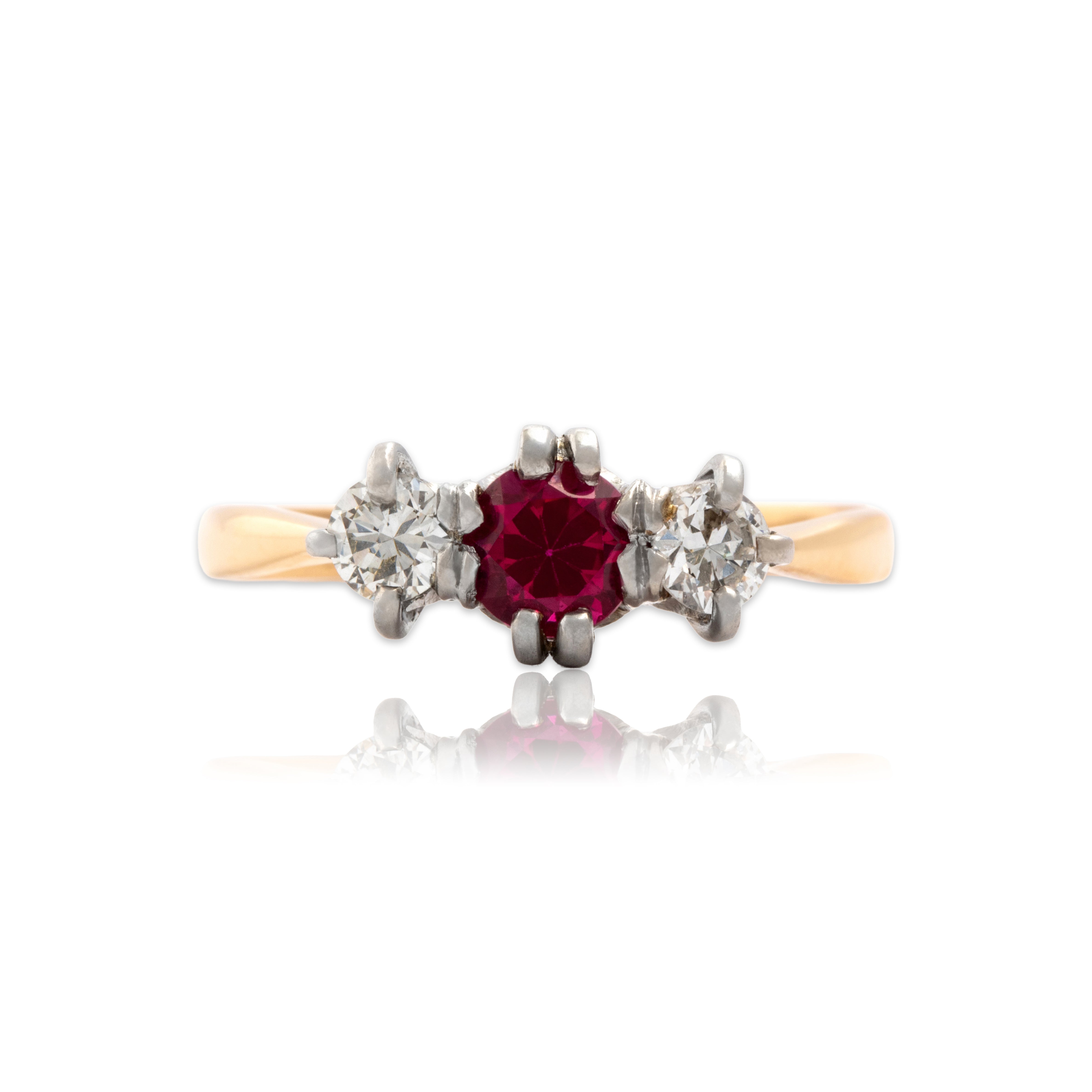 Antique 14k Yellow Gold & Platinum Synthetic Ruby Natural Diamond Trio Ring 7.75