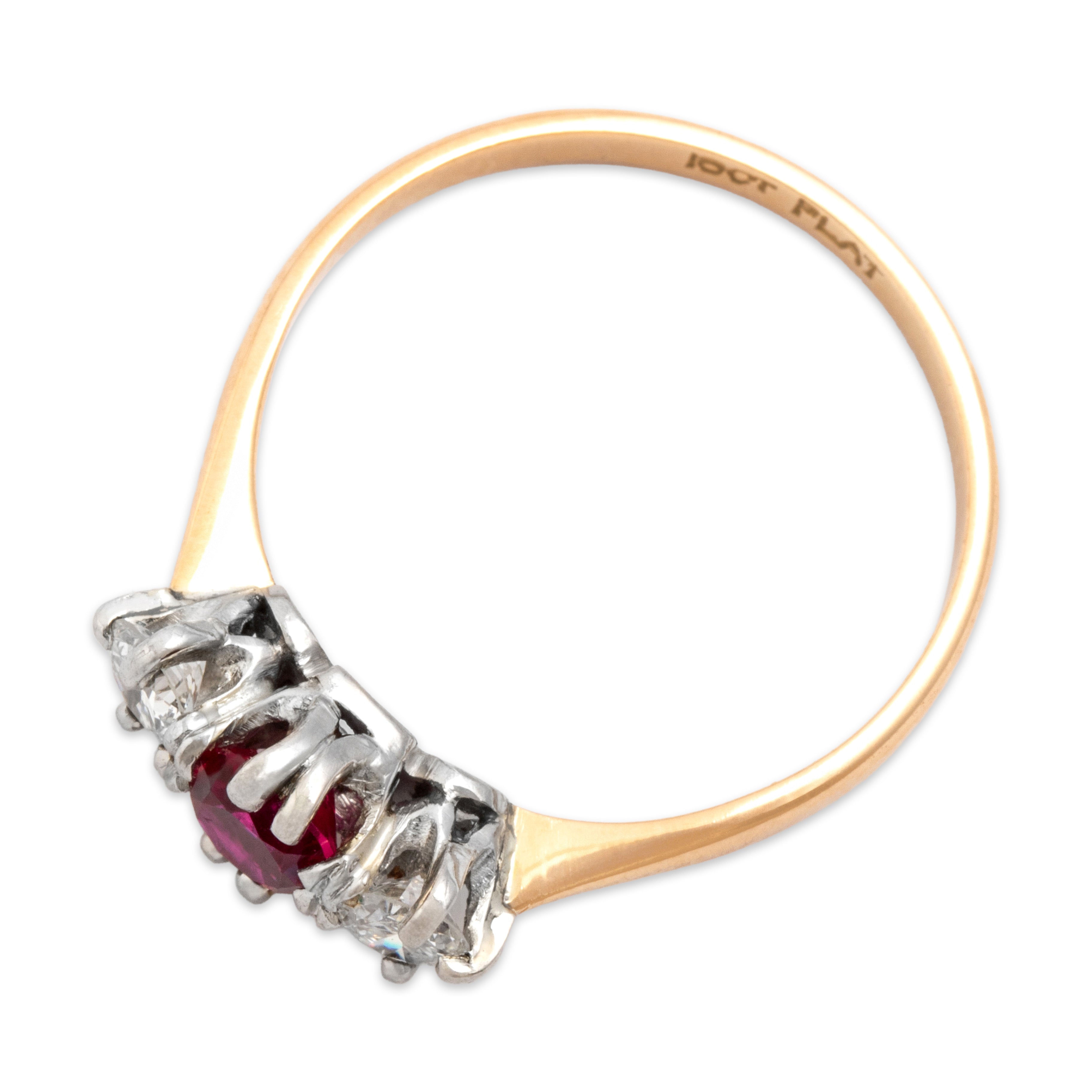 Antique 14k Yellow Gold & Platinum .51ct Synthetic Ruby Natural Old European Cut Diamond Natural Diamond Striking Sparkling Trio Ring - Overall view