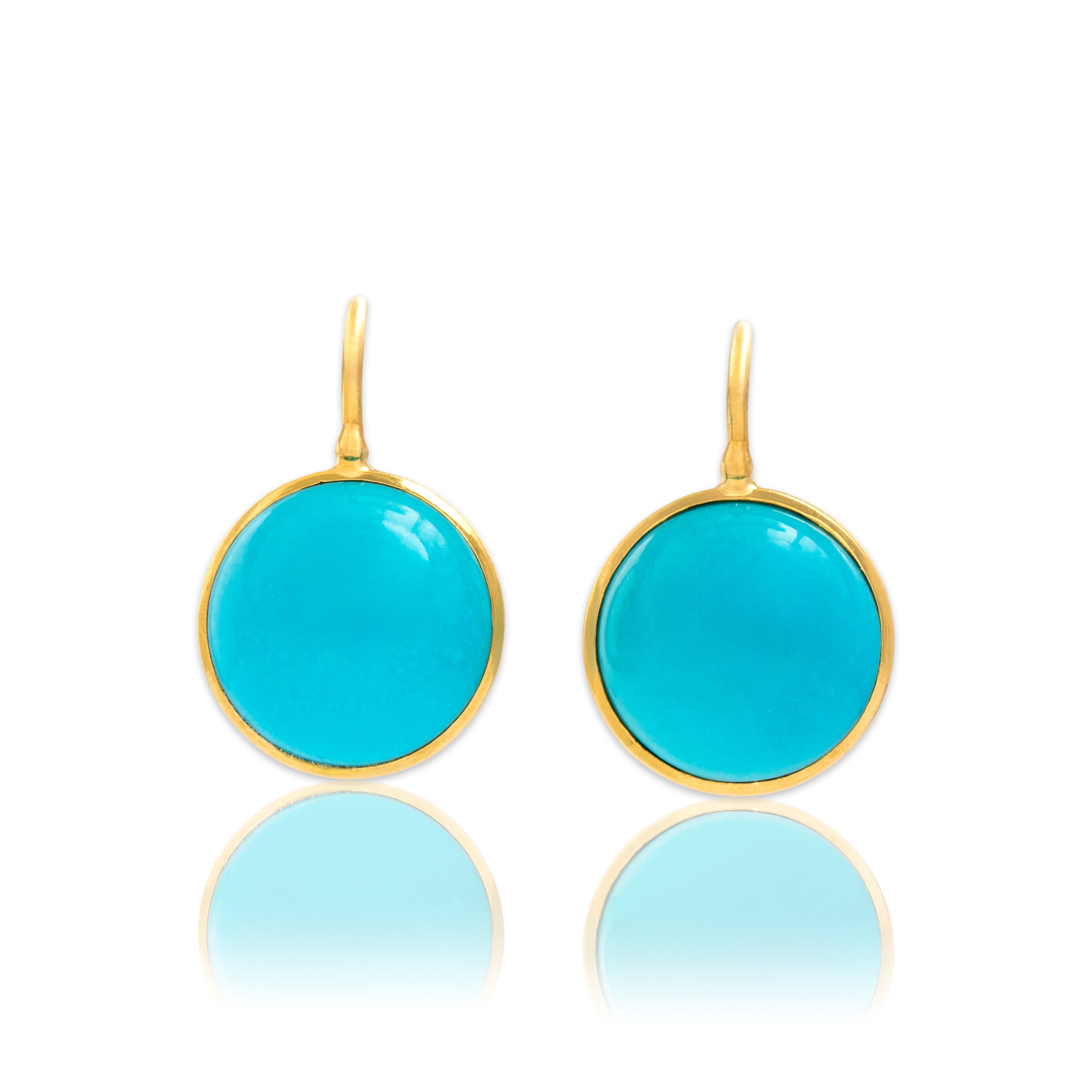 Vintage 18k Yellow Gold 17.24cttw Turquoise Bezel Set Cabochon Dangle Earrings - Close-up view