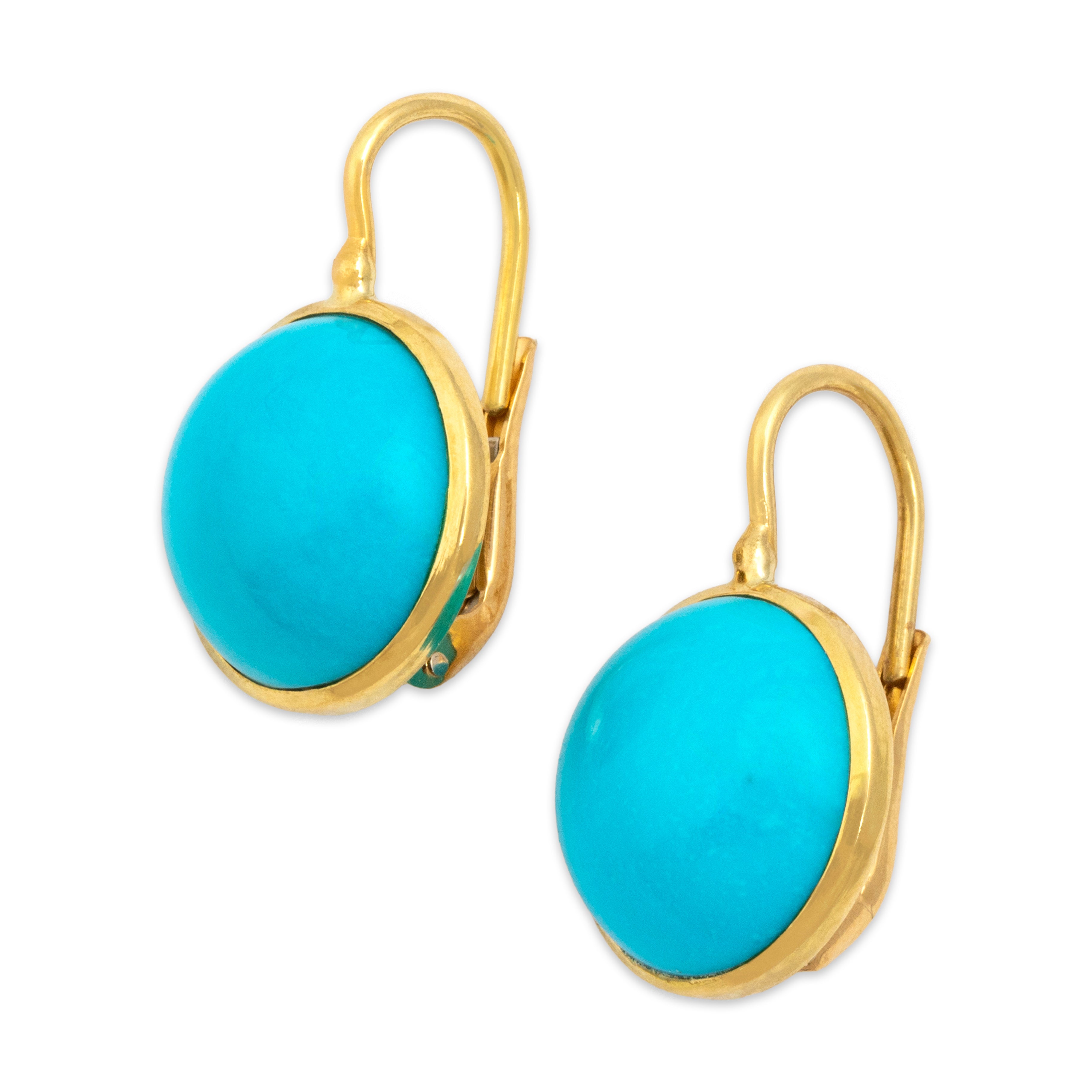 Vintage 18k Yellow Gold 17.24cttw Turquoise Bezel Set Cabochon Dangle Earrings - Overall view