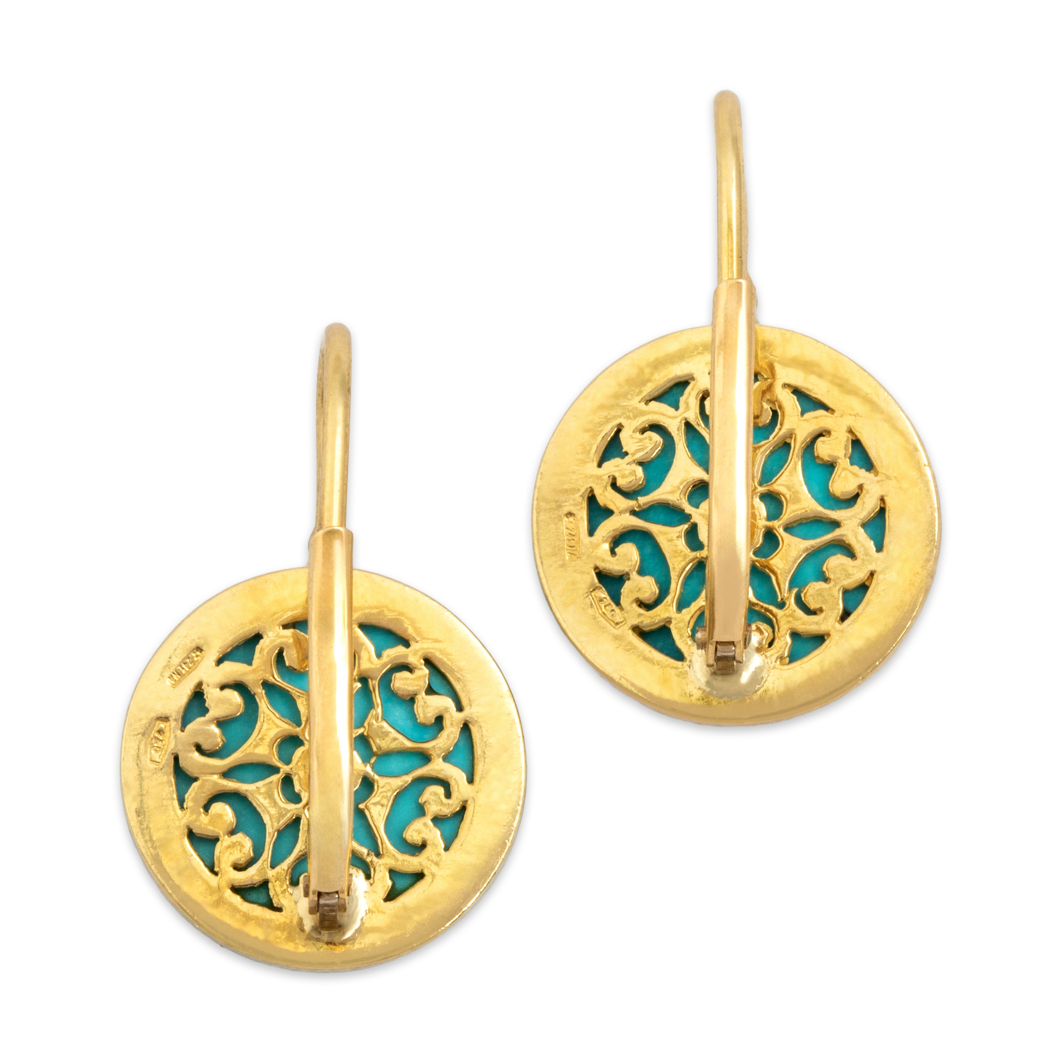 Vintage 18k Yellow Gold 17.24cttw Turquoise Bezel Set Cabochon Dangle Earrings - Back view