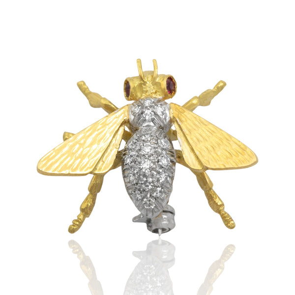 Vintage Italian 18k Yellow & White Gold Diamond Ruby Sparkling Bee Brooch / Pin