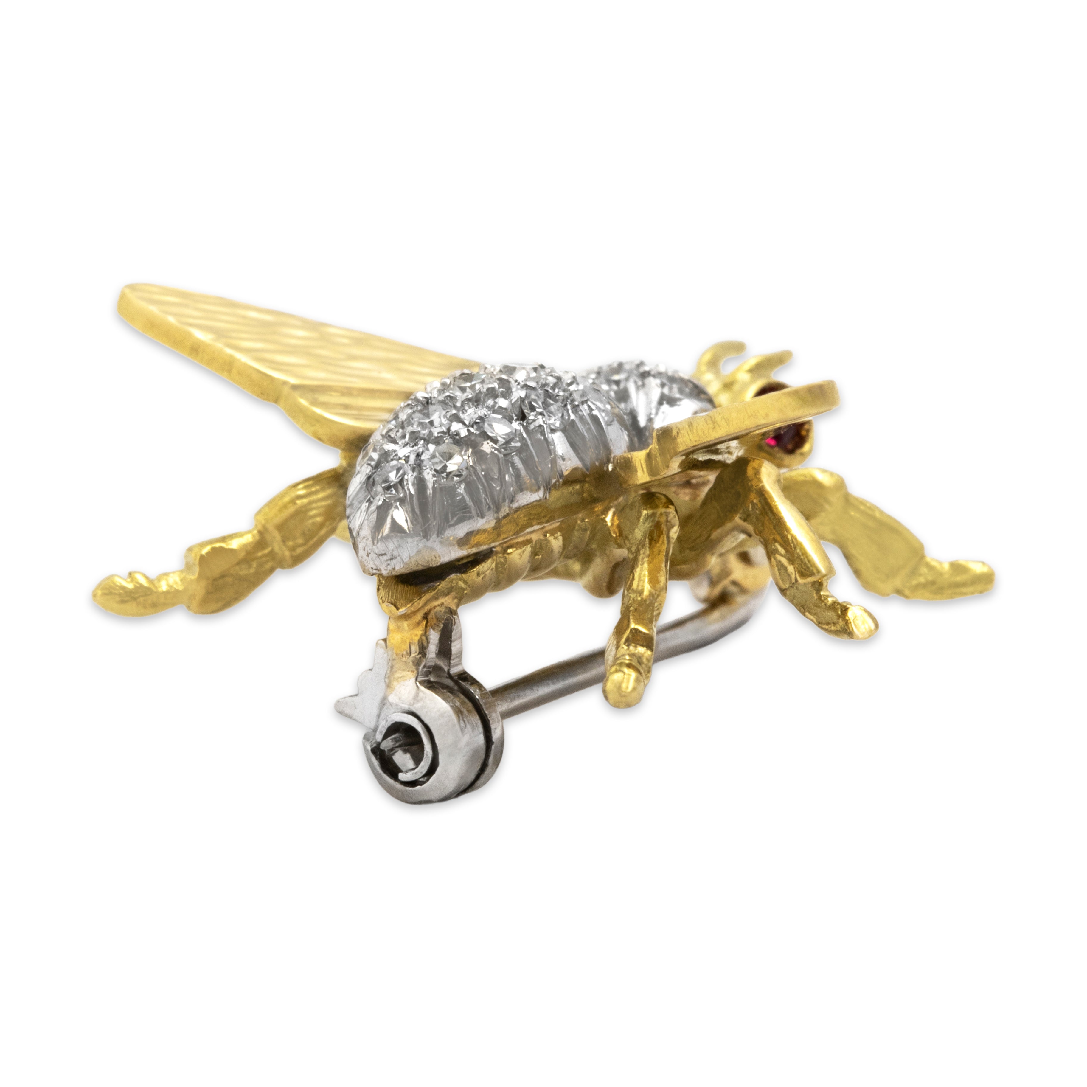 Vintage Italian 18k Yellow & White Gold Diamond Ruby Sparkling Figural Bug Brooch / Pin - detail view #3