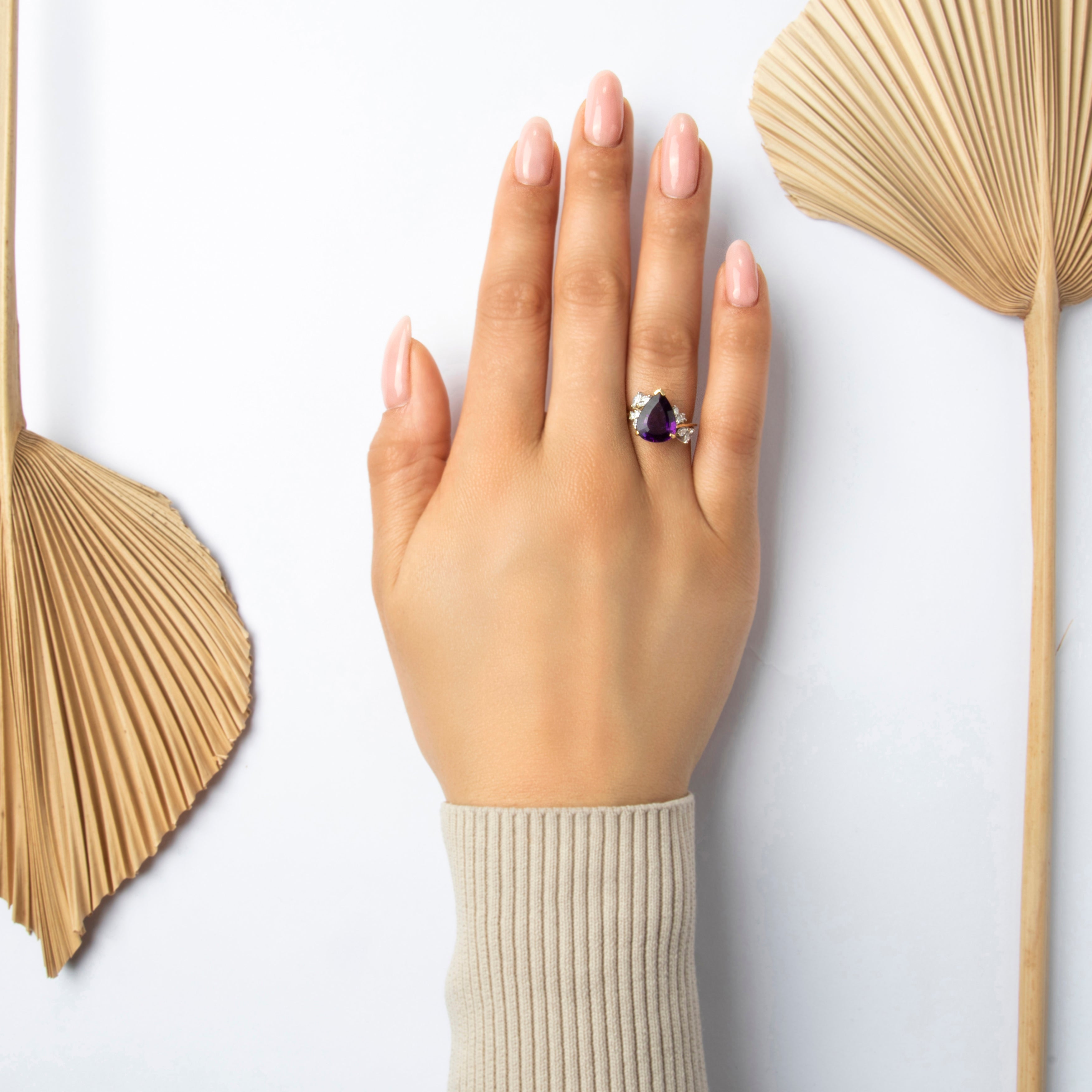 Vintage 18k Yellow & White Gold 2.68ct Amethyst Diamond Impressive Pear Mixed-Cut Cluster Cocktail Ring - On model view