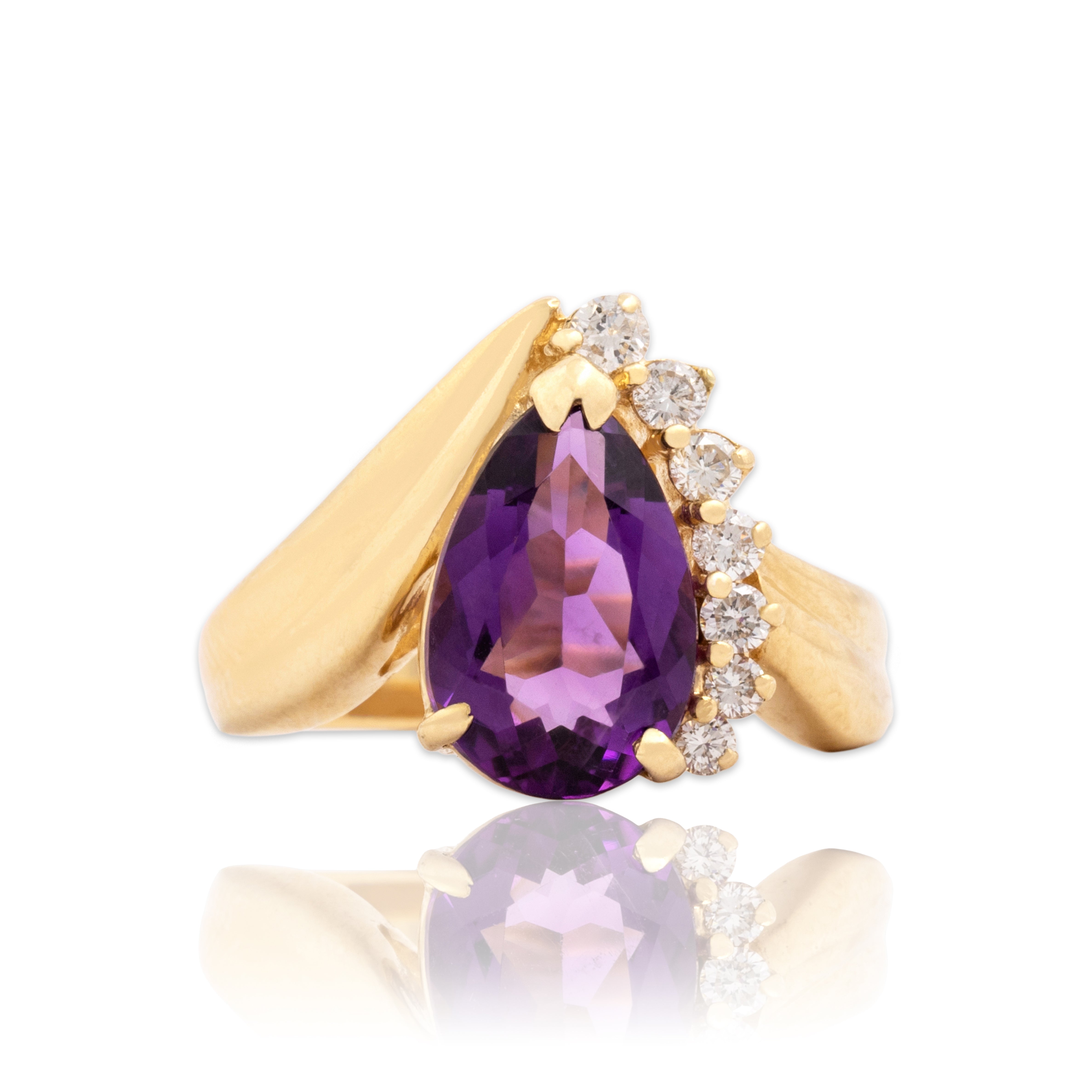 Vintage 14k Yellow Gold 2.05ct Amethyst Diamond Romantic Accented Cocktail Ring 6.75