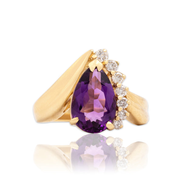 Vintage 14k Yellow Gold 2.05ct Amethyst Diamond Romantic Accented Cocktail Ring 6.75