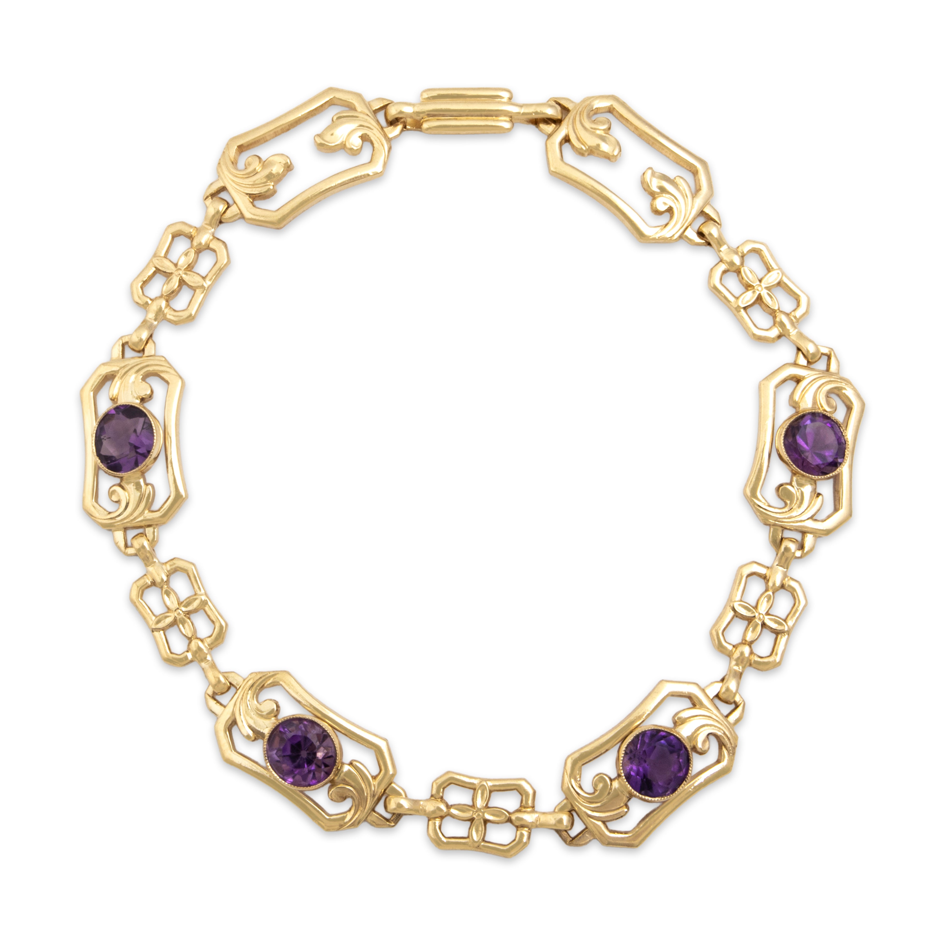 Antique 10k Rosy Yellow Gold 2.0cttw Amethyst Scrolling Rectangular Link Bracelet - Overall view