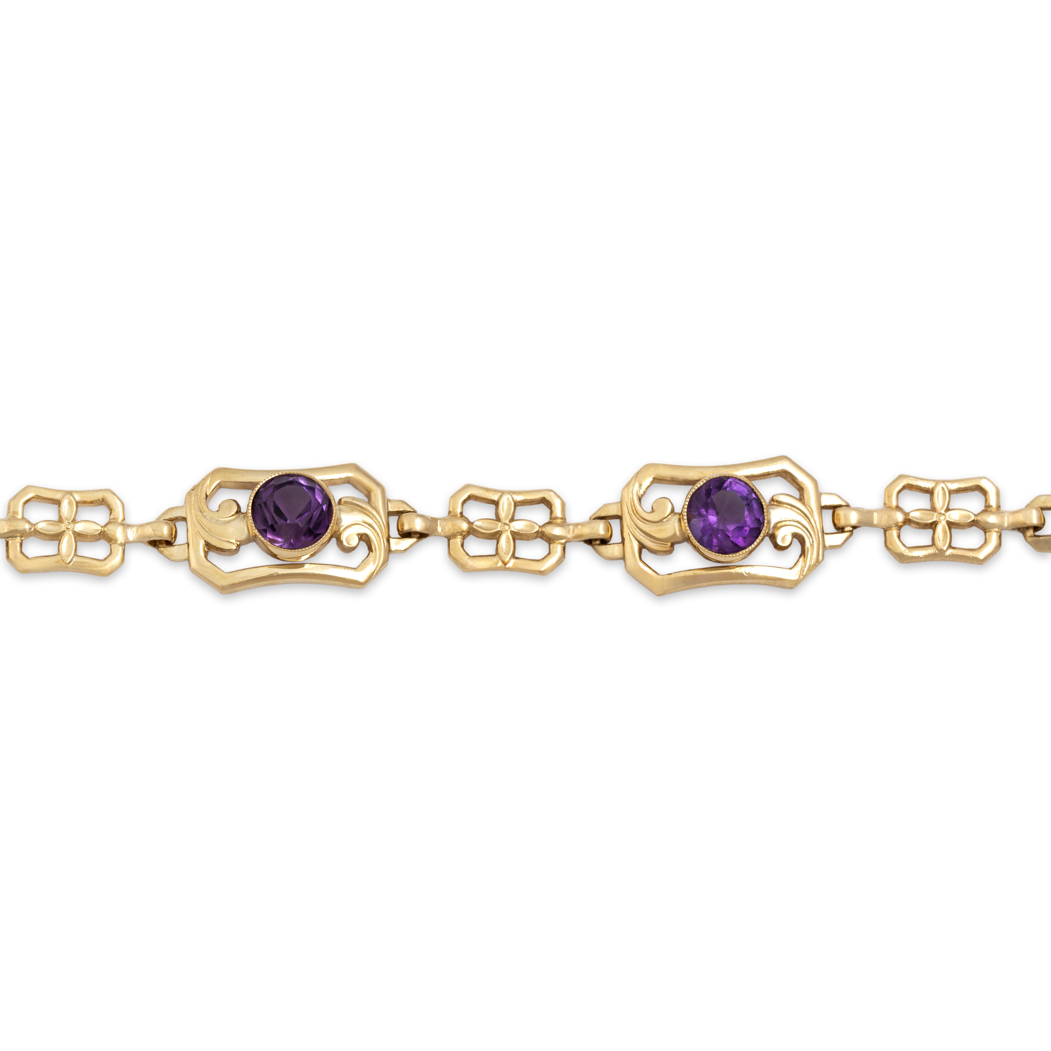 Antique 10k Rosy Yellow Gold 2.0cttw Amethyst Scrolling Rectangular Link Bracelet - Close-up view