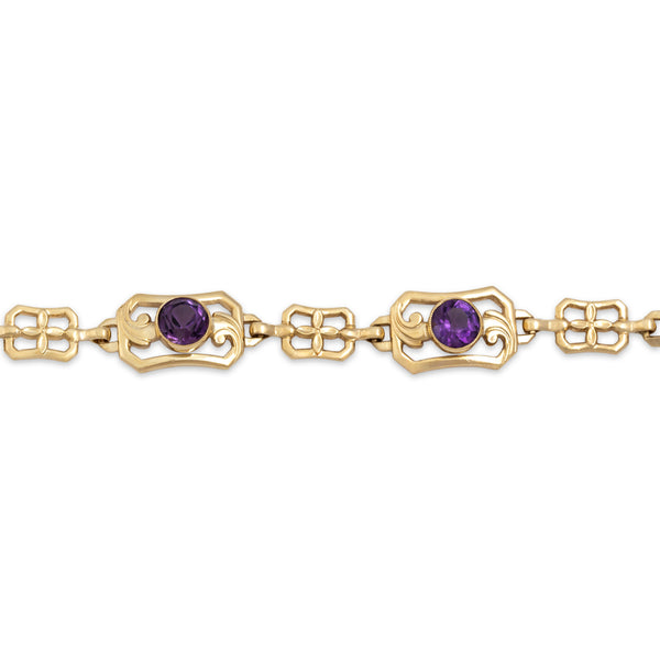 Antique 10k Rosy Yellow Gold 2cttw Amethyst Scrolling Link Bracelet 6.5
