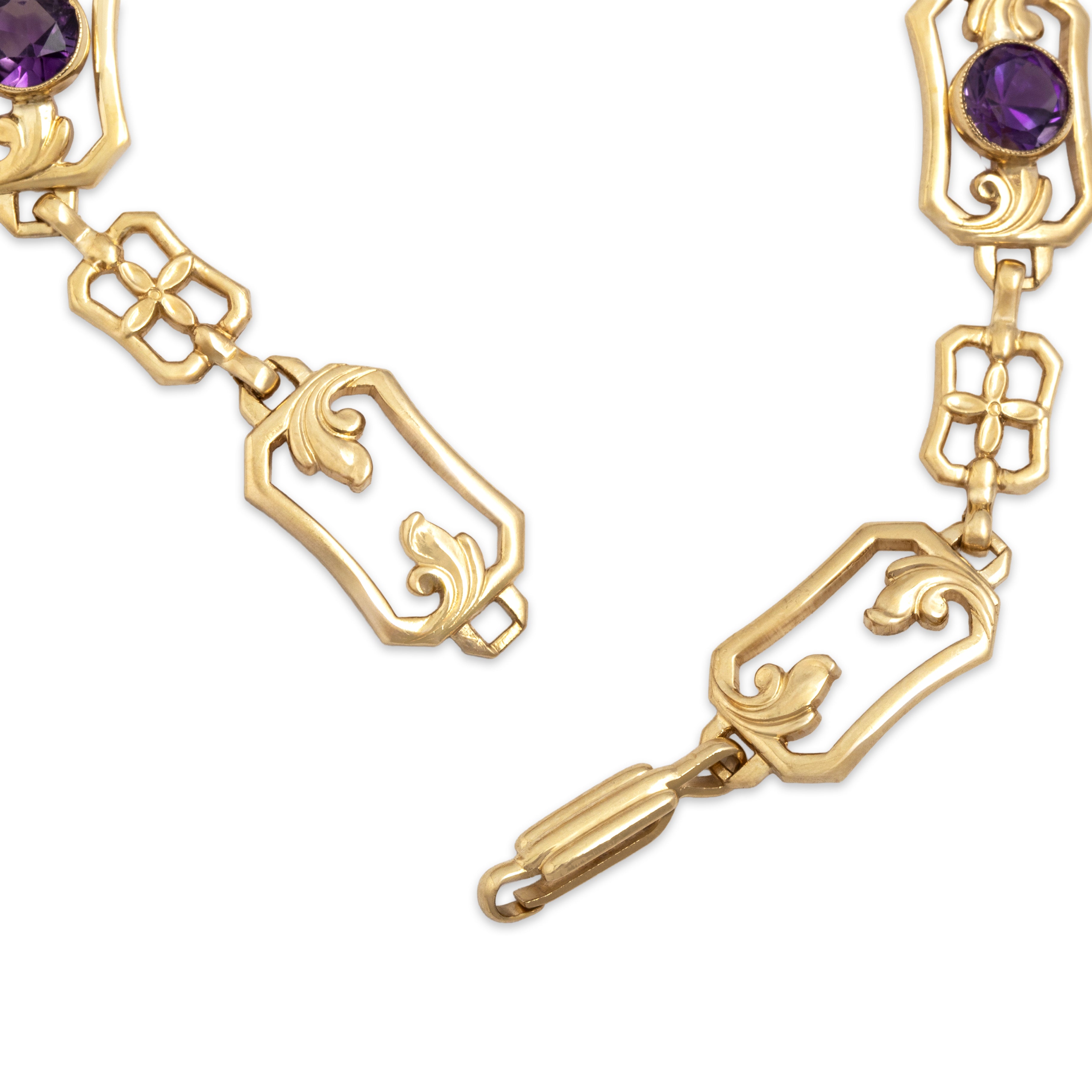Antique 10k Rosy Yellow Gold 2.0cttw Amethyst Scrolling Rectangular Link Bracelet - clasp view