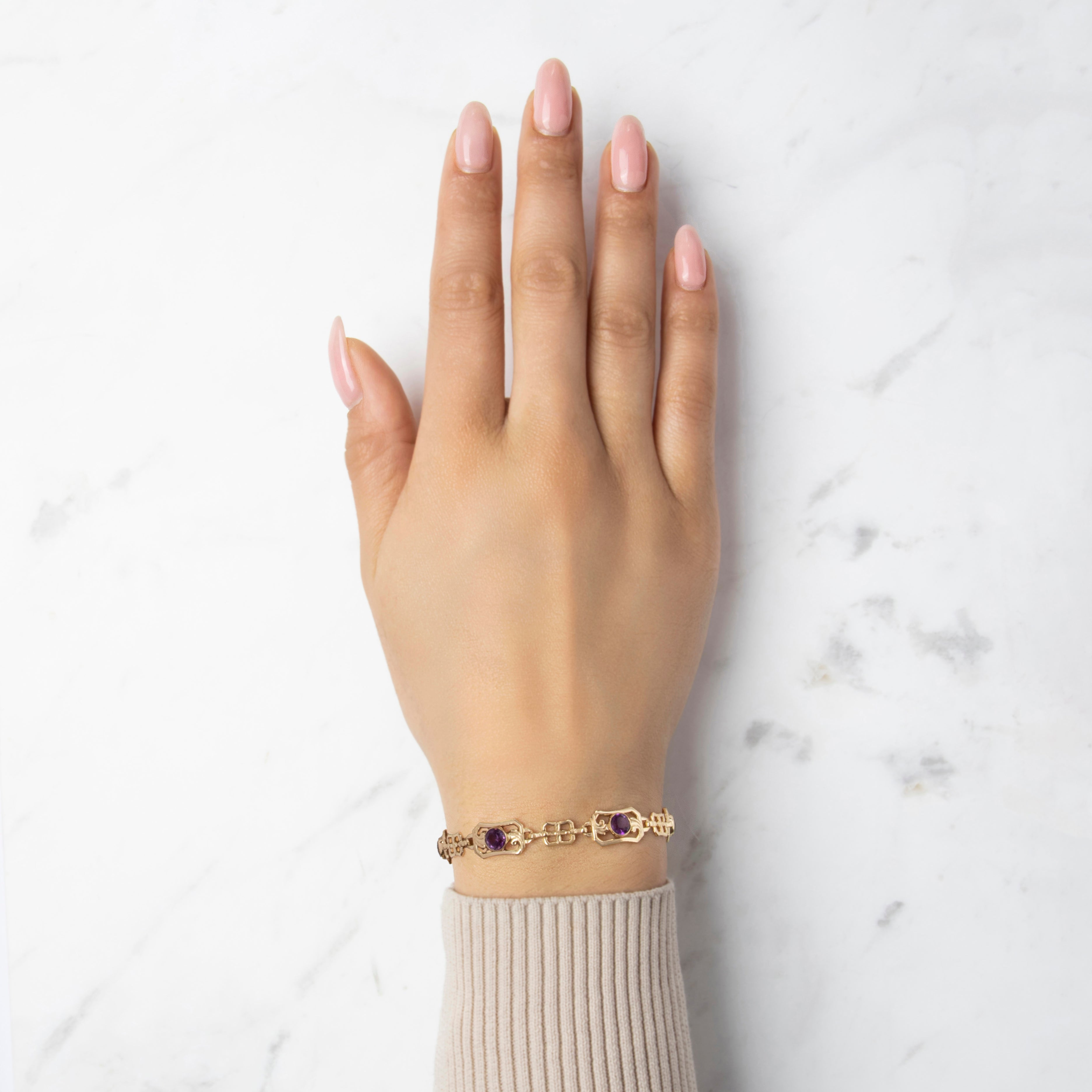 Antique 10k Rosy Yellow Gold 2.0cttw Amethyst Scrolling Rectangular Link Bracelet - On model view