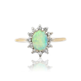 Vintage 14k Yellow Gold .61ct Opal Diamond Celestial Starburst Halo Ring 7.25