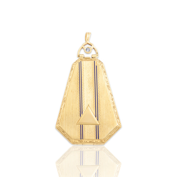 Antique Art Deco 14k Yellow Gold Blue Synthetic Sapphire Incredible Blue Enamel Detail Locket Pendant - Close-up view
