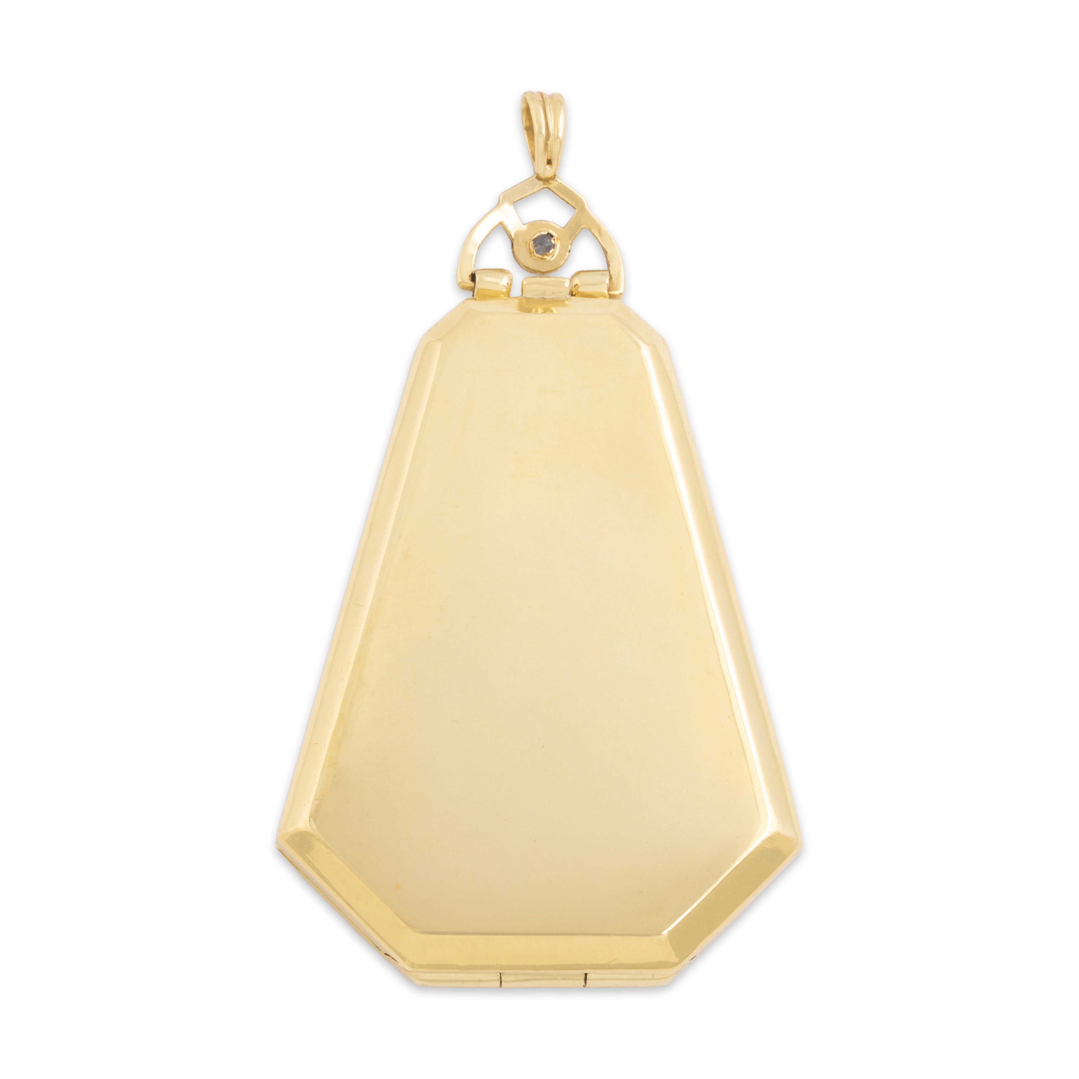 Antique Art Deco 14k Yellow Gold Blue Synthetic Sapphire Incredible Blue Enamel Detail Locket Pendant - Back view