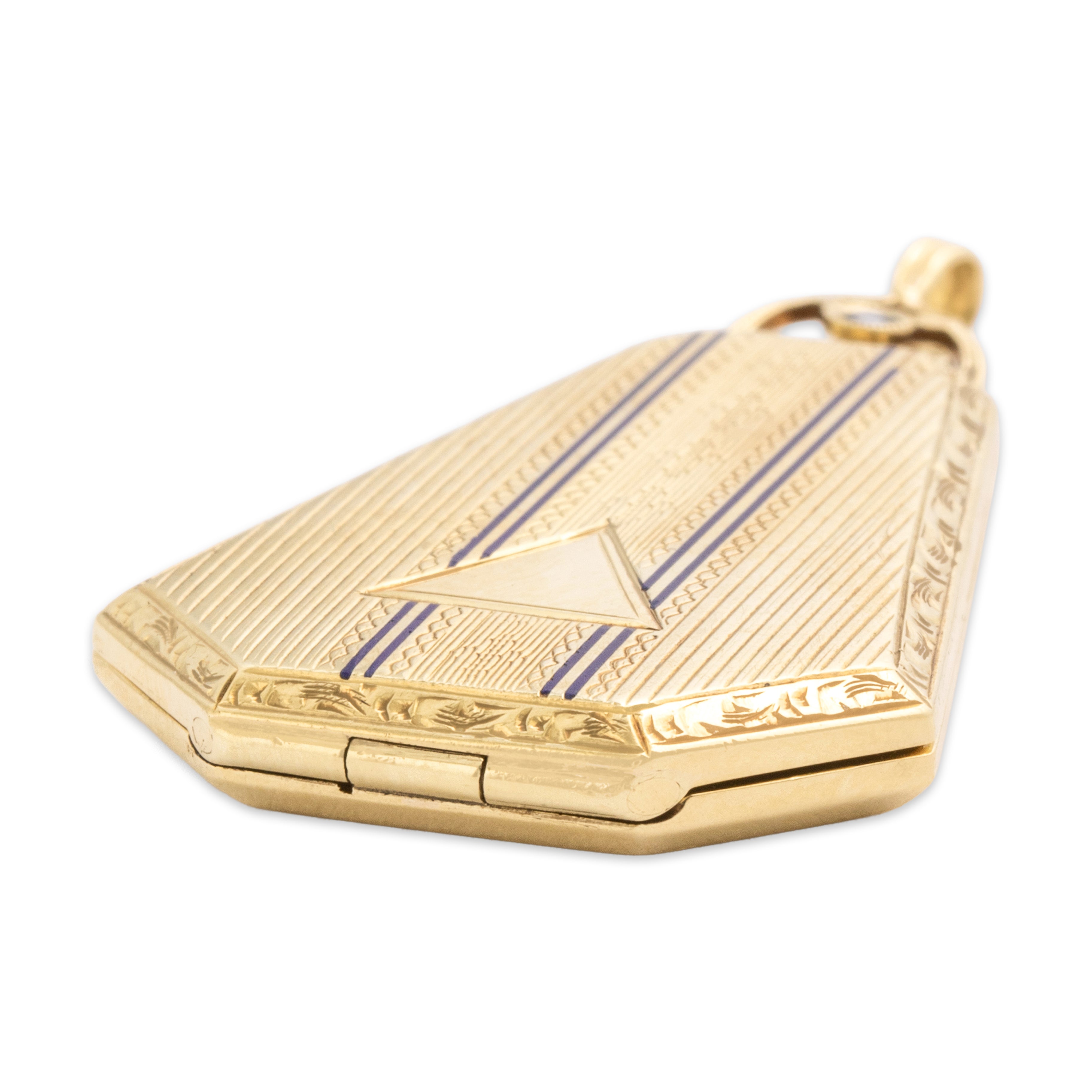 Antique Art Deco 14k Yellow Gold Blue Synthetic Sapphire Incredible Blue Enamel Detail Locket Pendant - detail view #2