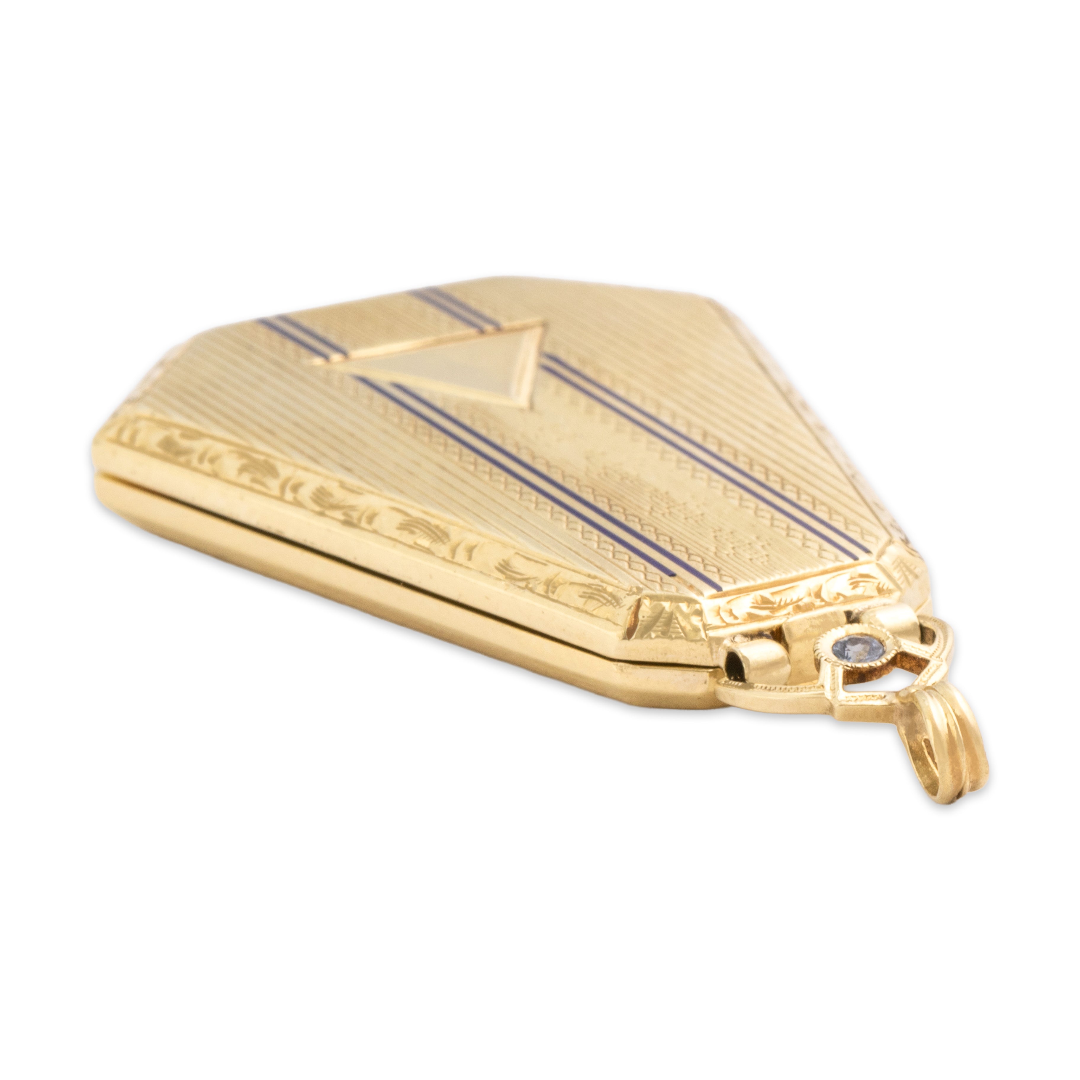 Antique Art Deco 14k Yellow Gold Blue Synthetic Sapphire Incredible Blue Enamel Detail Locket Pendant - detail view #3
