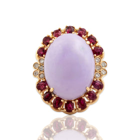 Vintage Large 14k Yellow Gold 26.56ct Lavender Jade 1.86cttw Ruby Diamond Ring 6.25