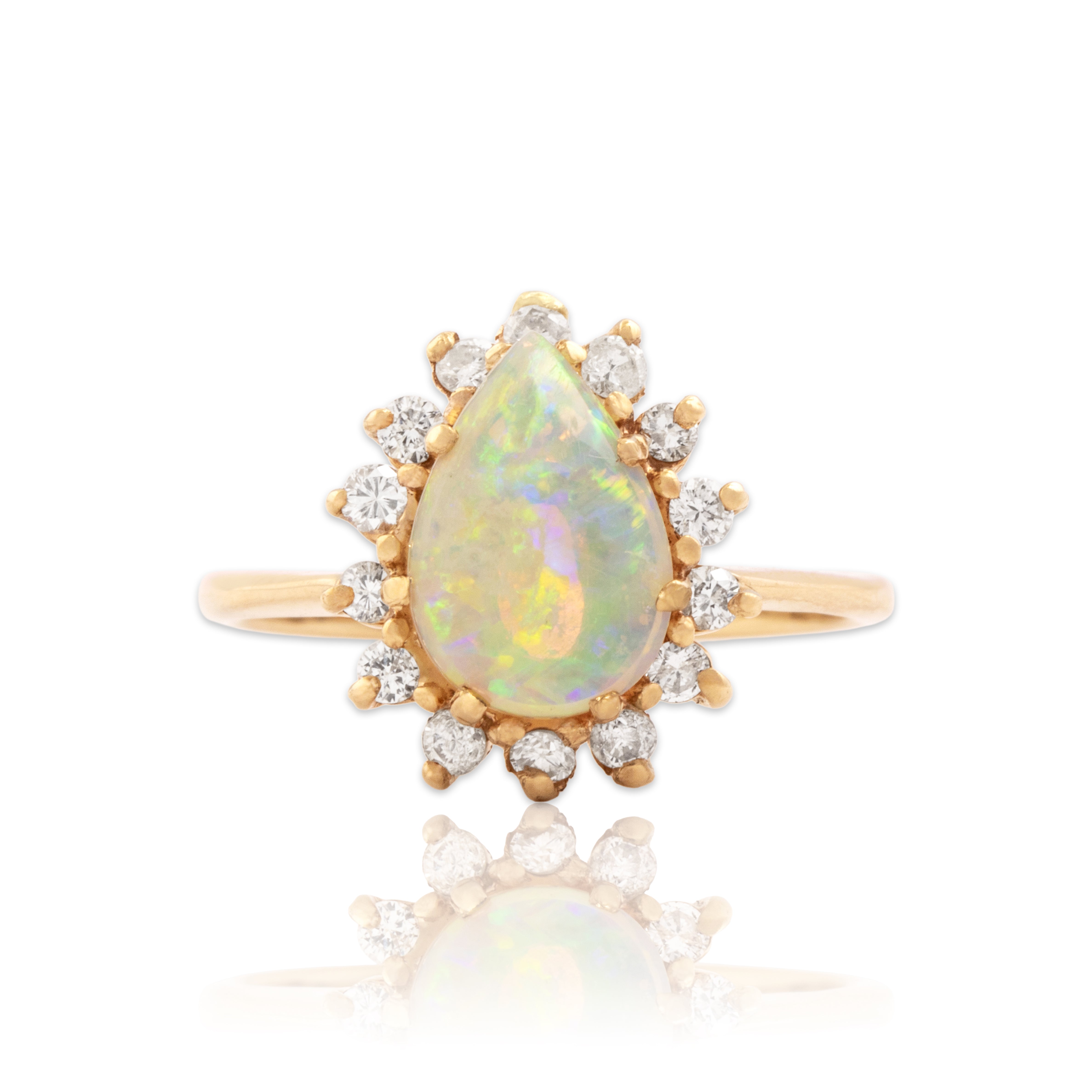 Vintage 14k Yellow Gold .73ct Opal Diamond Dimensional Pear Halo Ring - Close-up view
