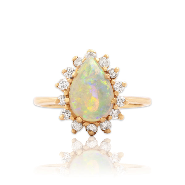 Vintage 14k Yellow Gold .73ct Opal Diamond Dimensional Pear Halo Ring 5.75