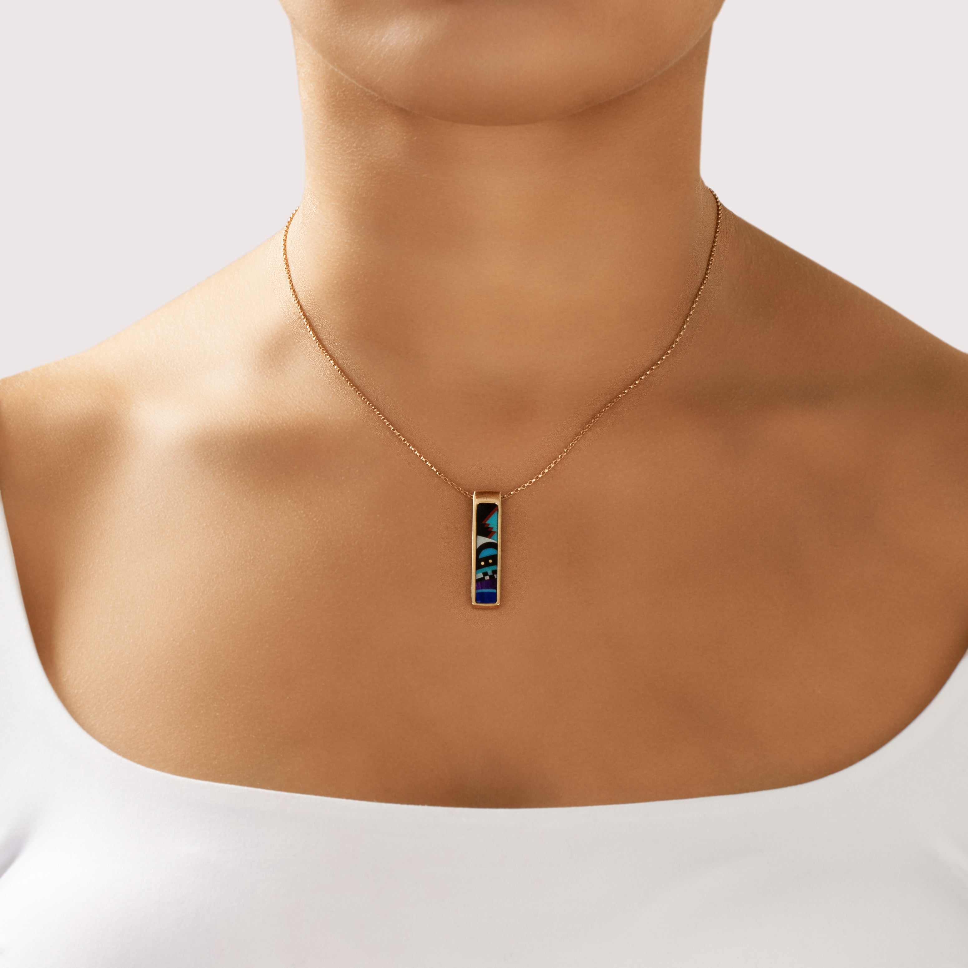 Vintage 14k Yellow Gold Onyx Jasper Turquoise Mother Of Pearl Purple Spiny Oyster Lapis Lazuli Funky Inlay Bar Pendant - On model view