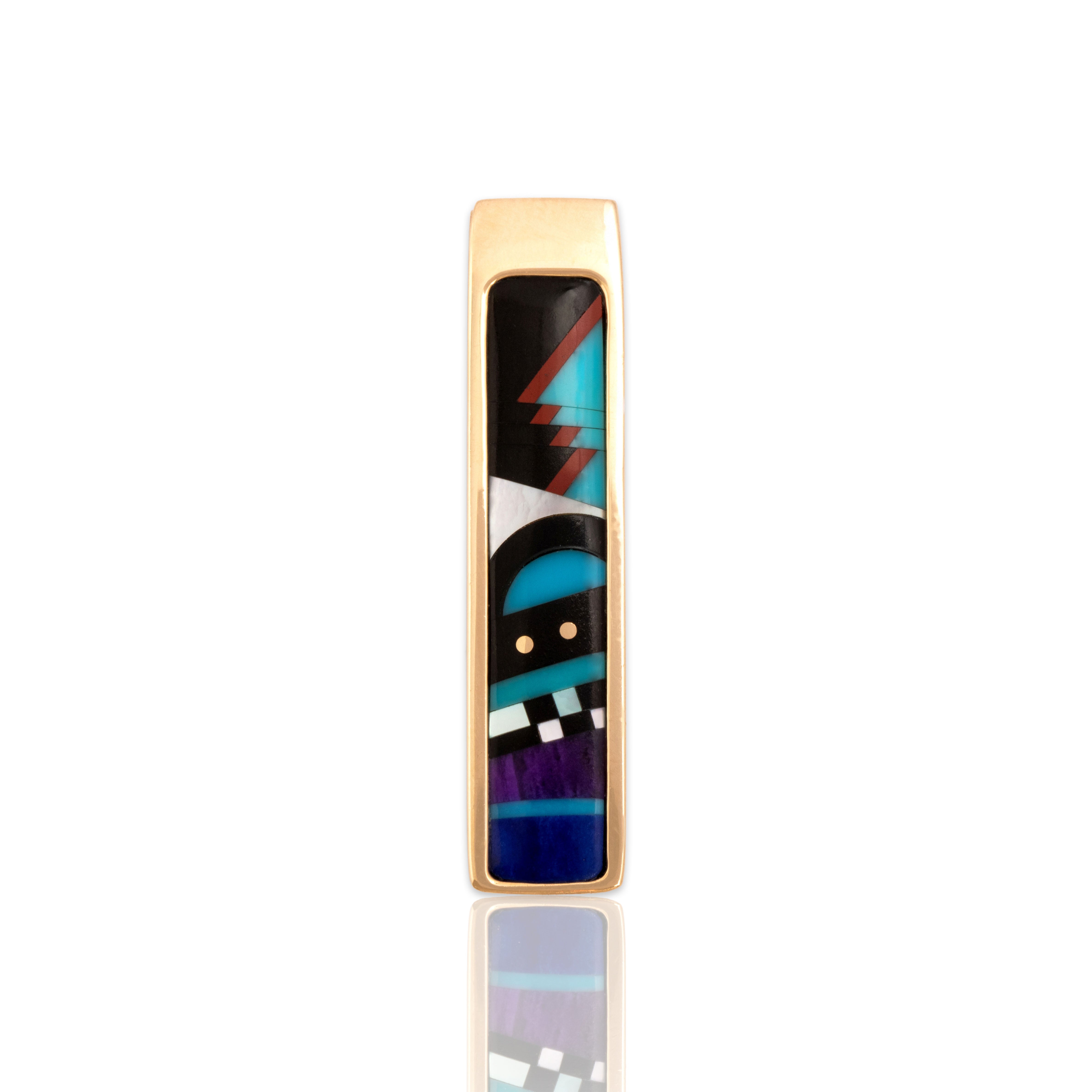 Vintage 14k Yellow Gold Onyx Jasper Turquoise Mother Of Pearl Purple Spiny Oyster Lapis Lazuli Funky Inlay Bar Pendant - Close-up view