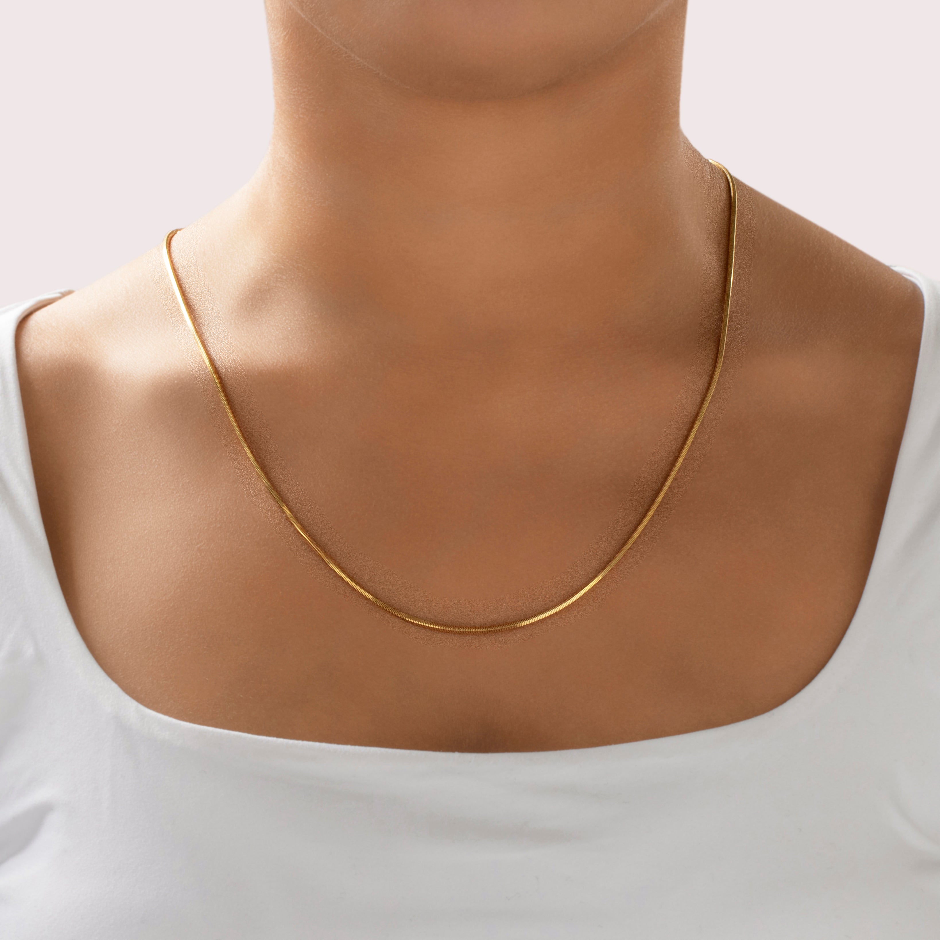 Vintage Italian 14k Yellow Gold Sleek Square Snake 1.5mm Chain - On model view