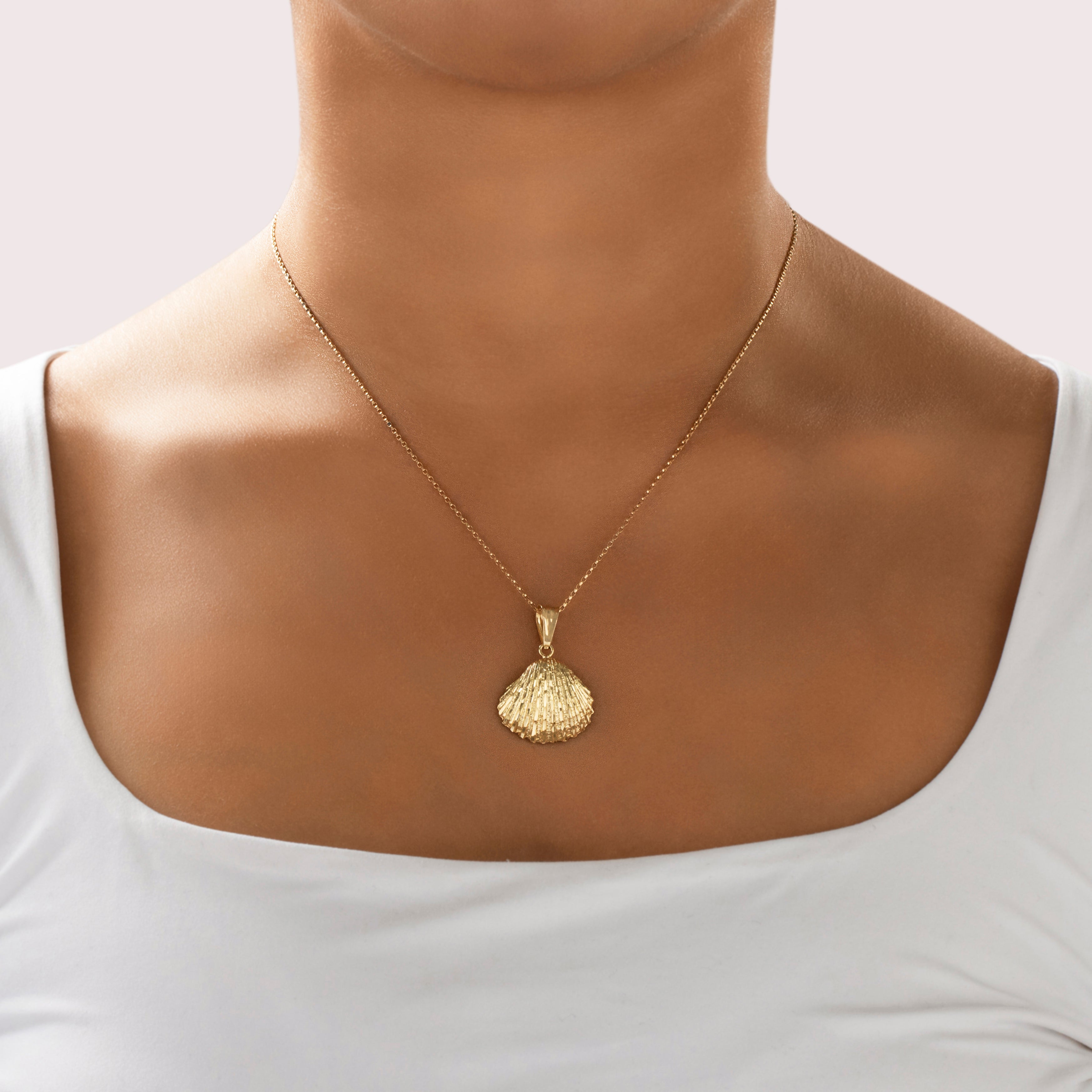 Vintage 14k Yellow Gold Seashell Pendant - On model view