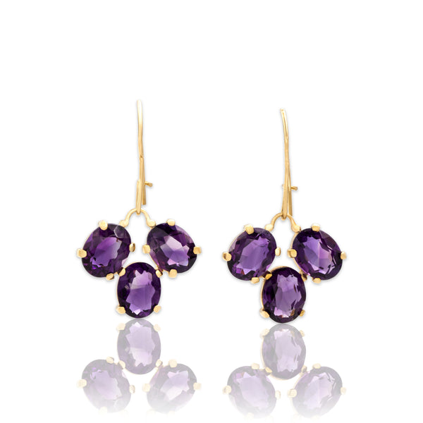 Vintage 14k Yellow Gold 9.32cttw Amethyst Vibrant Purple Trio Dangle Earrings