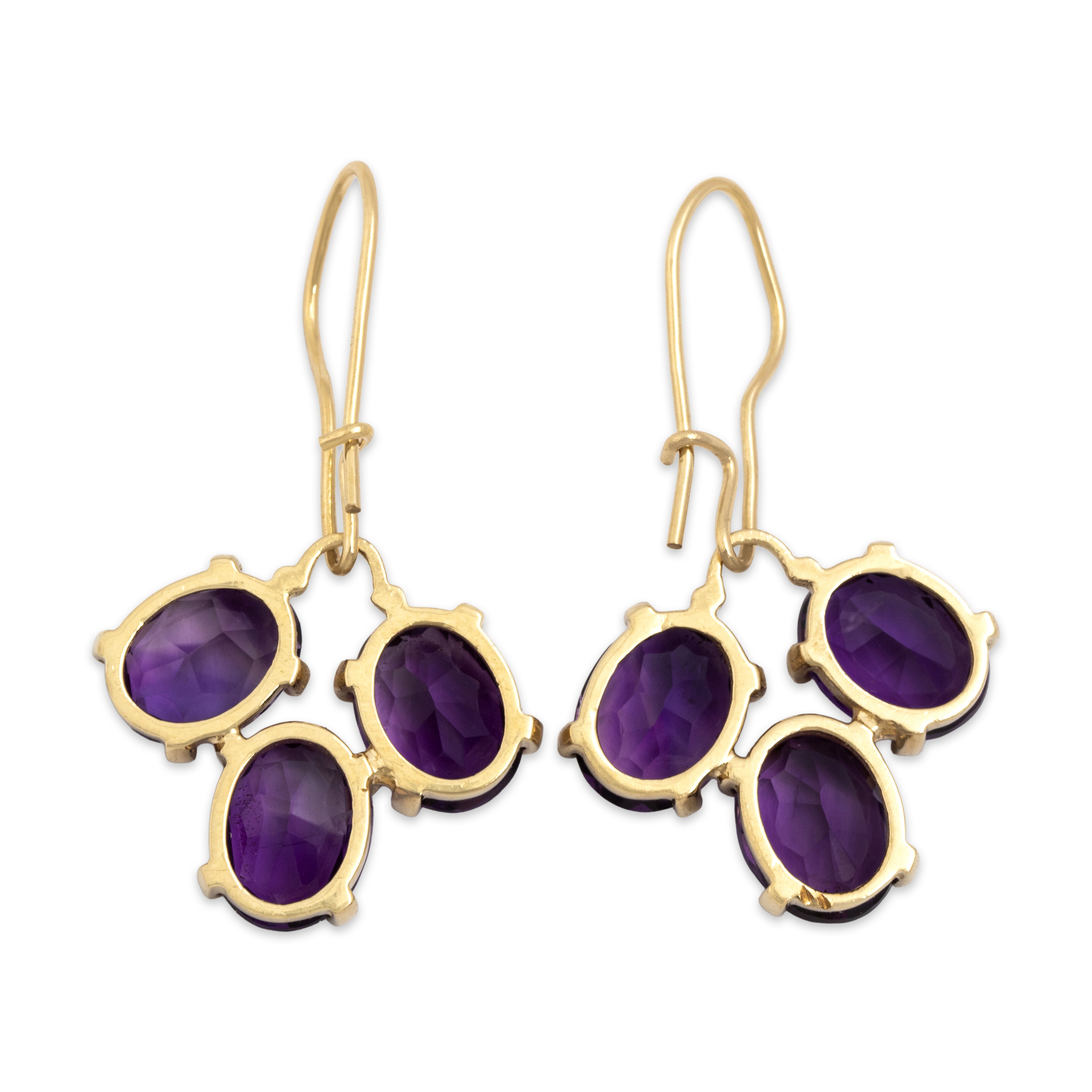 Vintage 14k Yellow Gold 9.32cttw Amethyst Vibrant Purple Trio Dangle Earrings - Back view