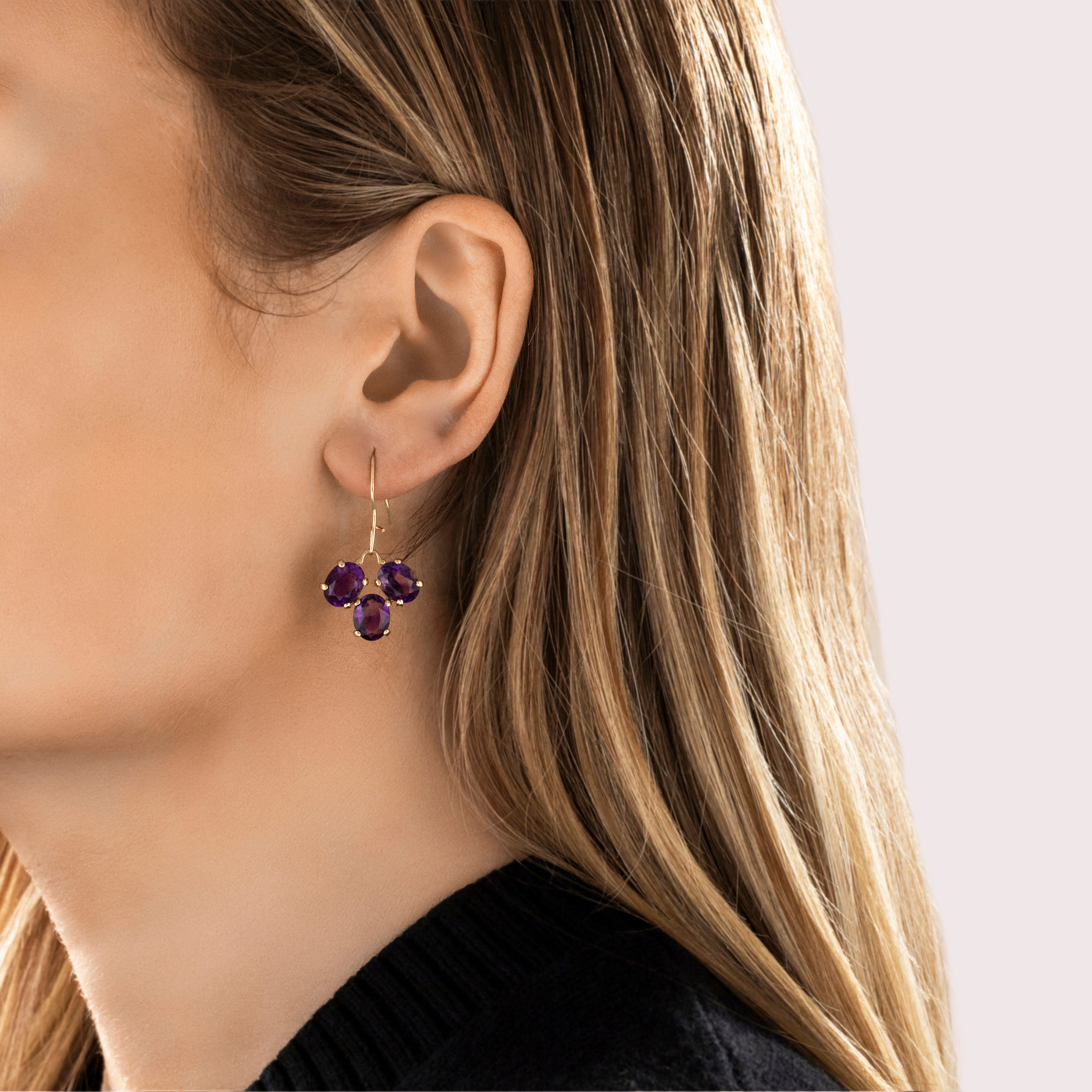 Vintage 14k Yellow Gold 9.32cttw Amethyst Vibrant Purple Trio Dangle Earrings - On model view
