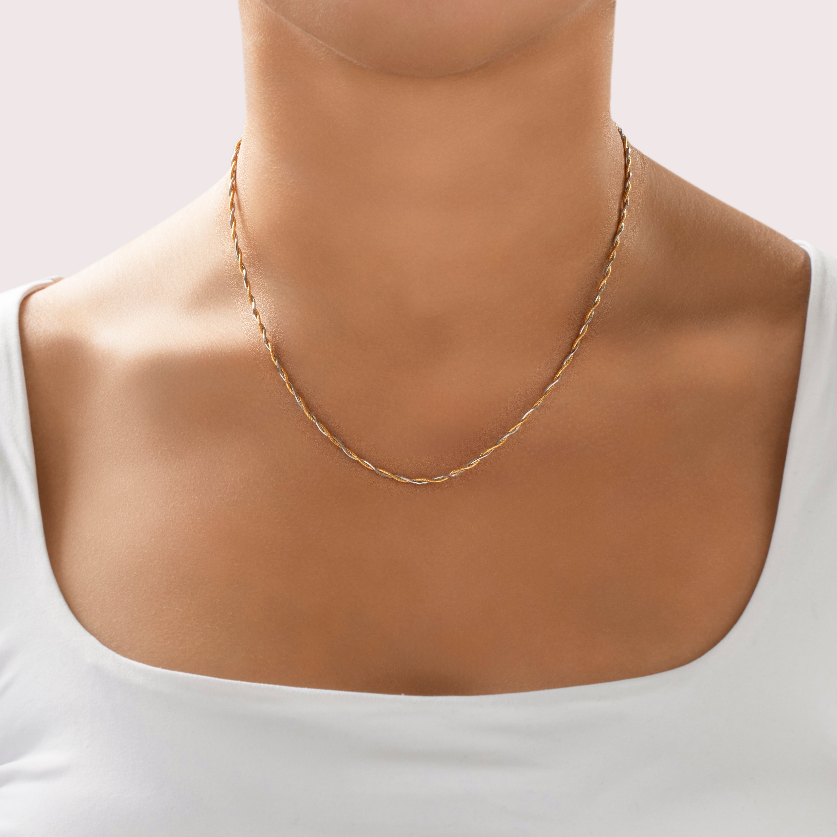 Vintage Italian 1.9mm 14k Yellow & White Gold Sleek Twisting Two-Strand Chain - On model view